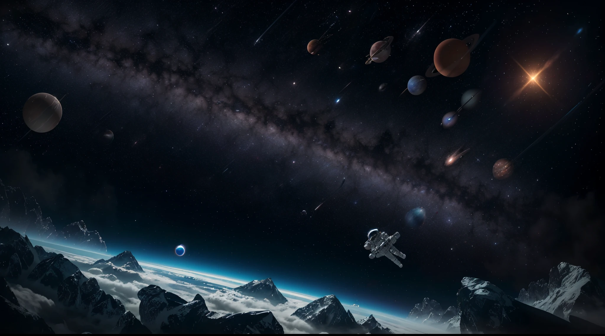 An image of an astronaut floating in space full of stars and planets