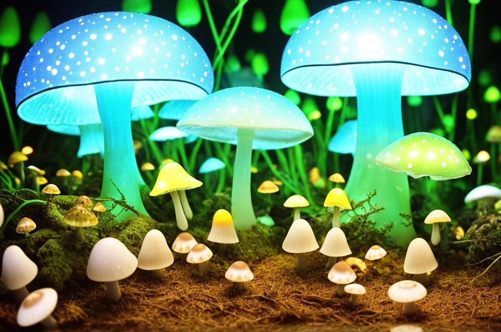 Best quality,A high resolution,ultra - detailed,(actual:1.37),Ultra-complex,Fluorescent mushrooms,Whole glowing transparent mushroom,like a dream,Forest scene,Dewdrops,flash lights,soft mist,fluorescent light blue,emit bright light,transparency,enchanting atmosphere,The magic of nature,Surreal,HighDynamicRange,Focus sharp,bokeh