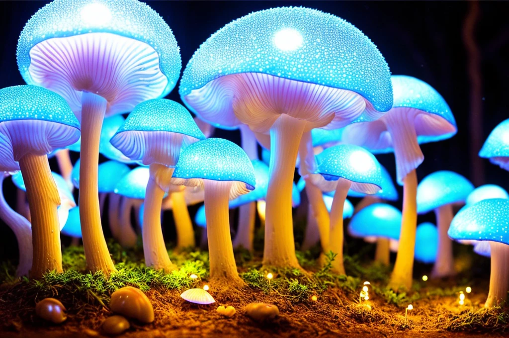 Best quality,A high resolution,ultra - detailed,(actual:1.37),Ultra-complex,Fluorescent mushrooms,Whole glowing transparent mushroom,like a dream,Forest scene,Dewdrops,flash lights,soft mist,fluorescent light blue,emit bright light,transparency,enchanting atmosphere,The magic of nature,Surreal,HighDynamicRange,Focus sharp,bokeh