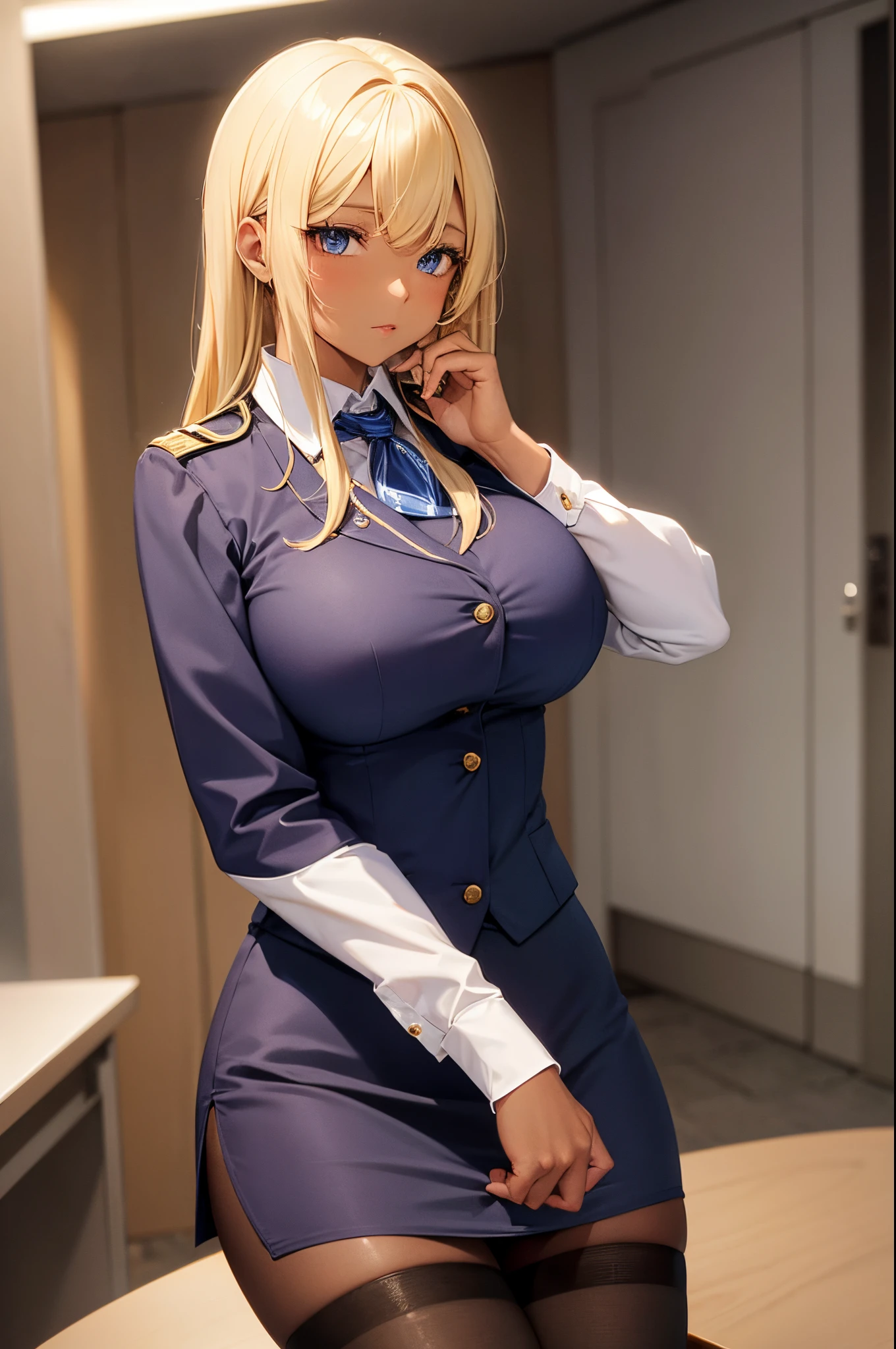 Female, hime cut Blonde hair, Blue eyes, dark brown skin, large breasts, wearing office lady uniform and tights.