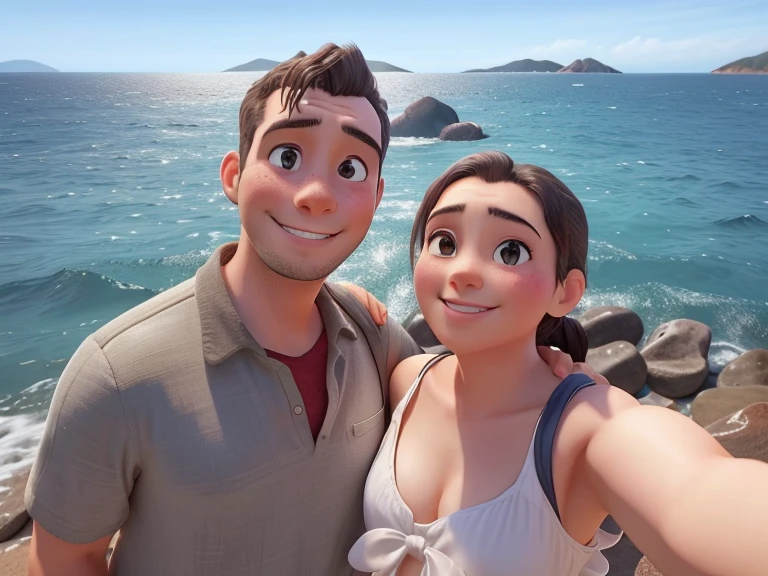 They are posing for a photo by the ocean with rocks., the ocean in the background, ocean in background, Foto de vacaciones, en un acantilado, Tyler Edlin y Natasha Tan, Charli Bowater y Artgeem, Jordan Grimmer y Natasha Tan, in ocean, reddit post, USA-sep 20, Imagen de perfil, 8k selfie photograph