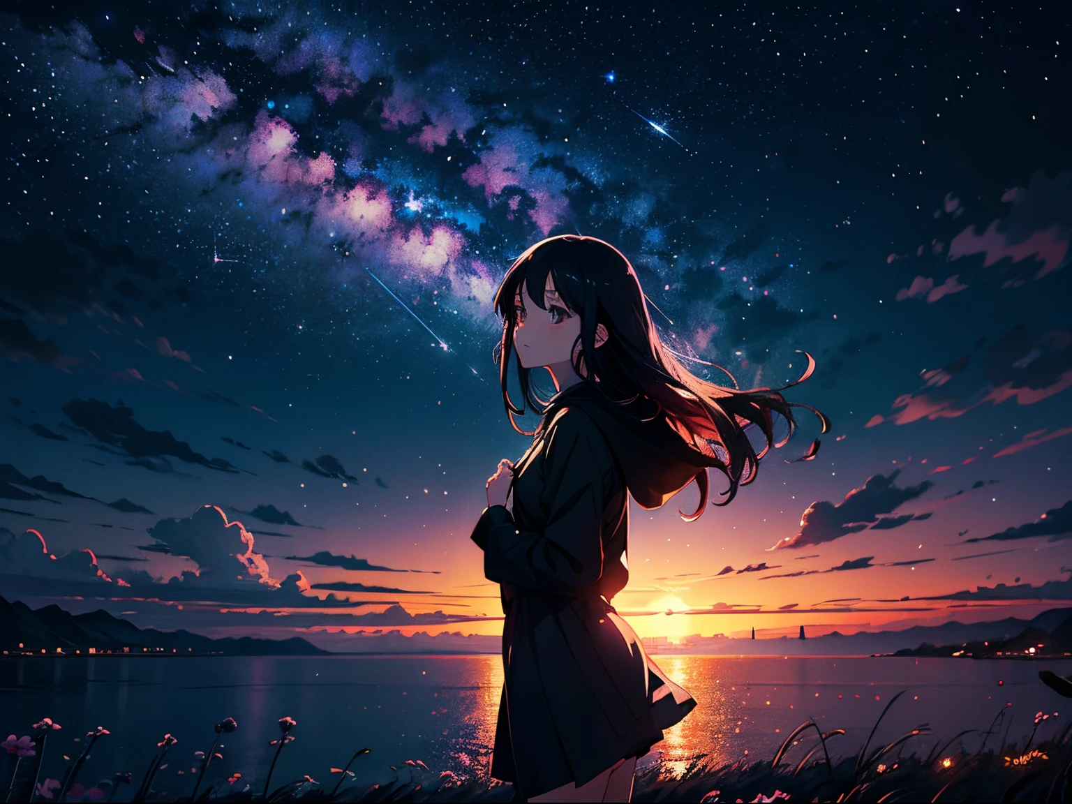 Masterpiece, 4k, anime girl looking at the sky, midnight sky, sky has so many stars, beautiful sky, beautiful girl, night, beautiful world, dark, black hair, windy weather, amazing photo