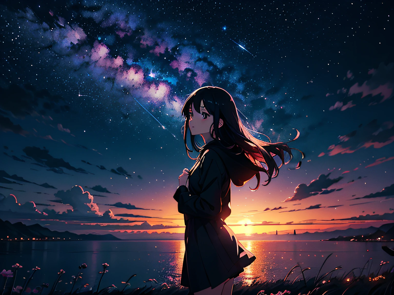 master part, 4k, Anime girl looking at the sky, midnight sky, The sky has so many stars, beautiful sky, Beautiful girl, Noite, mundo bonito, Escuro, cabelos pretos, Tempo ventoso, amazing photo
