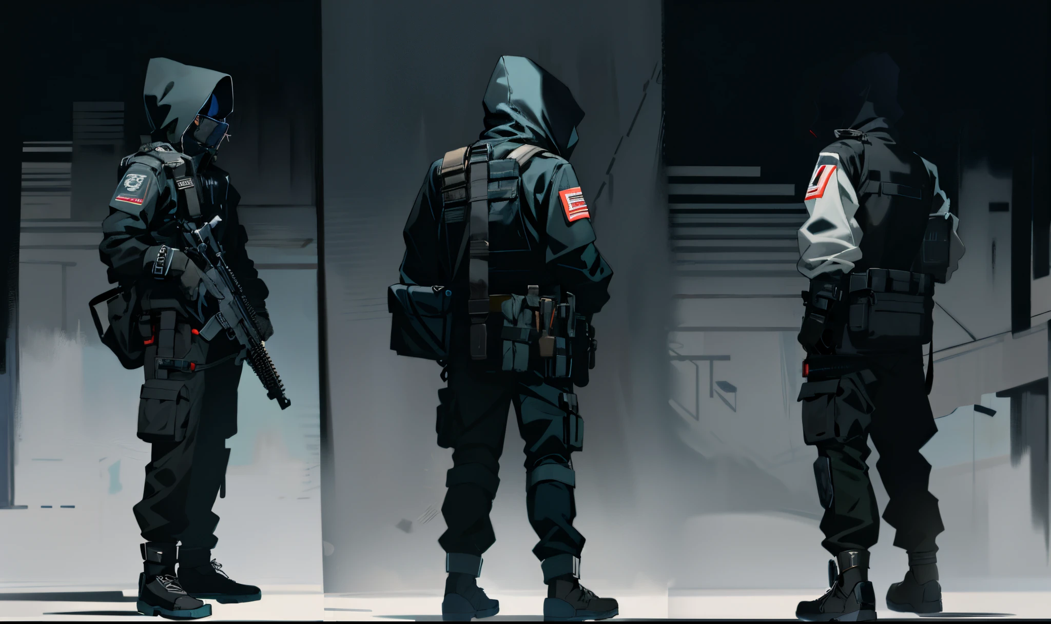 One dressed in black、Close-up of man holding gun, future soldier clothing, Future combat equipment, Tech clothing looks and clothes