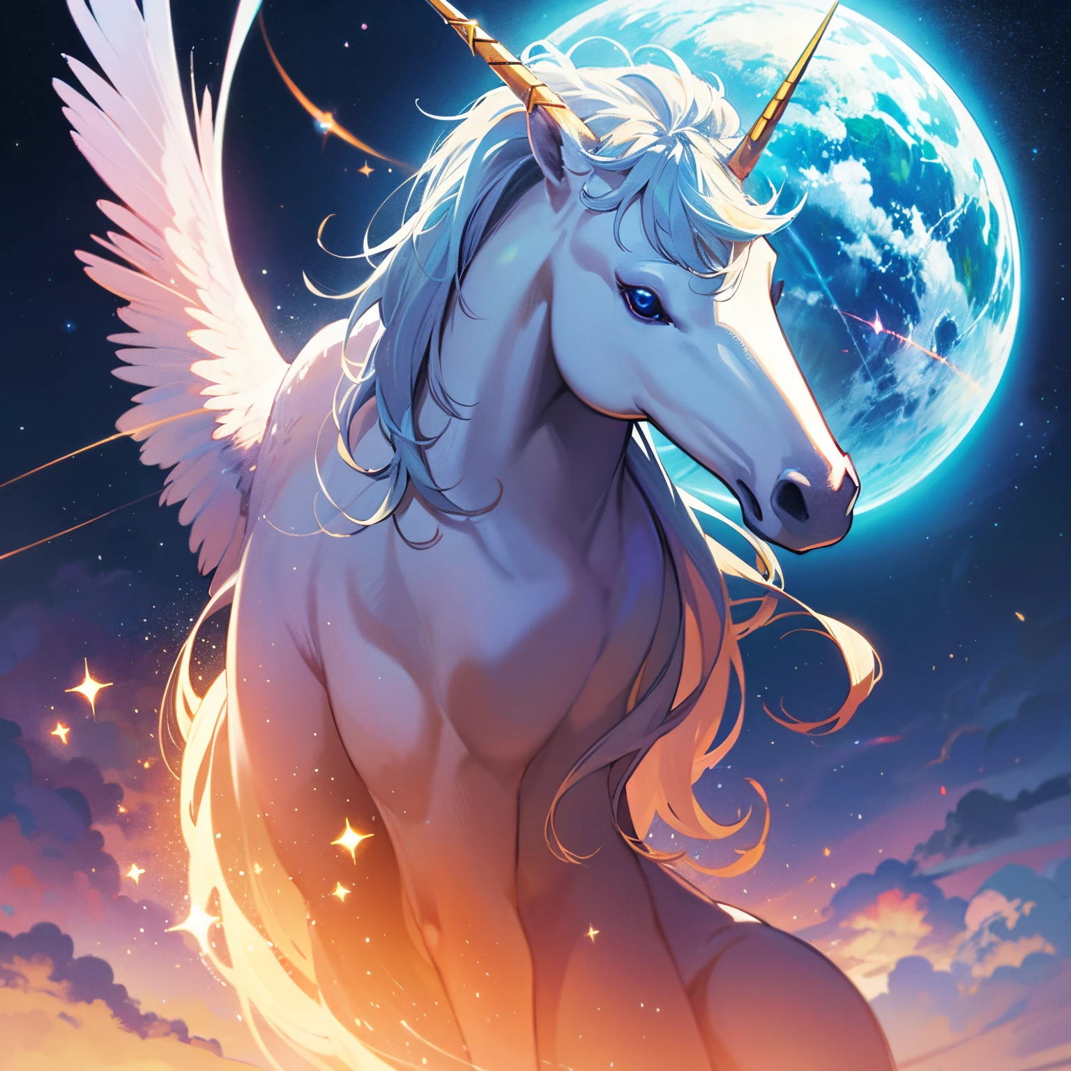 unicorn, Beautiful fece, a paradise, brilliance, World of Light, naturey, myth, realistic, kosmos,