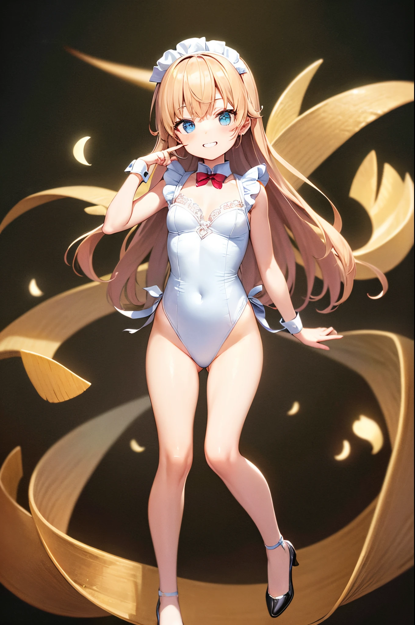 ((2D beautiful girl、top-quality、Perfect Finger 1.1、Perfect Anatomy 1.1、extremely delicate and beautiful illustration))、cute petit girl、(transform sequence)、((maid style leotard))、10yaers old、elementary student、Lori、Chiquita、Fractal Art、baby-face、((stright long hair))、beatiful detailed eyes、Show your teeth and give your best smile、Full Body Display、(1 persons)、(Priest style leotard)、blue open sky、