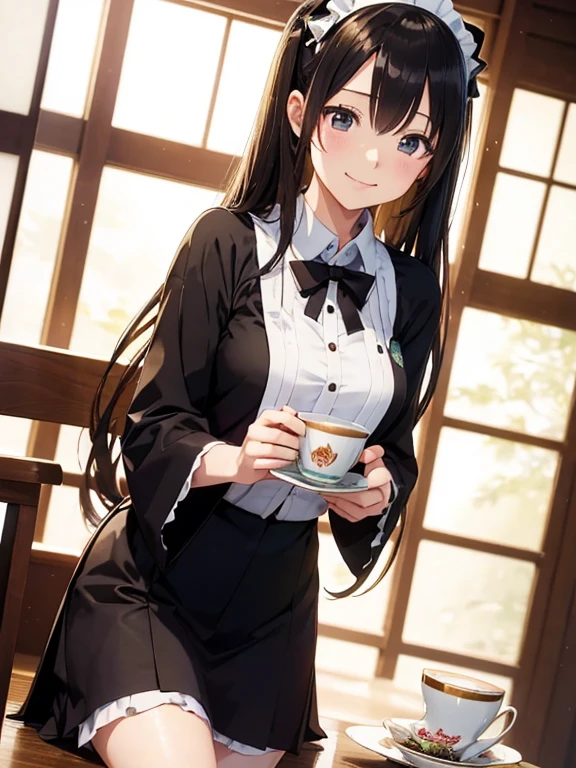 masutepiece, Best Quality, hight resolution,miku hatsune,10yaers old,(Hashikuji Temple Mayoi),Look at me and smile,((Meiji period~Showa era waitress)),(maid clothes),retro coffee cup,Beautiful breasts
