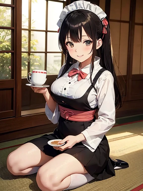 masutepiece, Best Quality, hight resolution,miku hatsune,10yaers old,(Hashikuji Temple Mayoi),Look at me and smile,((Meiji period~Showa era waitress)),(maid clothes),retro coffee cup,Beautiful breasts