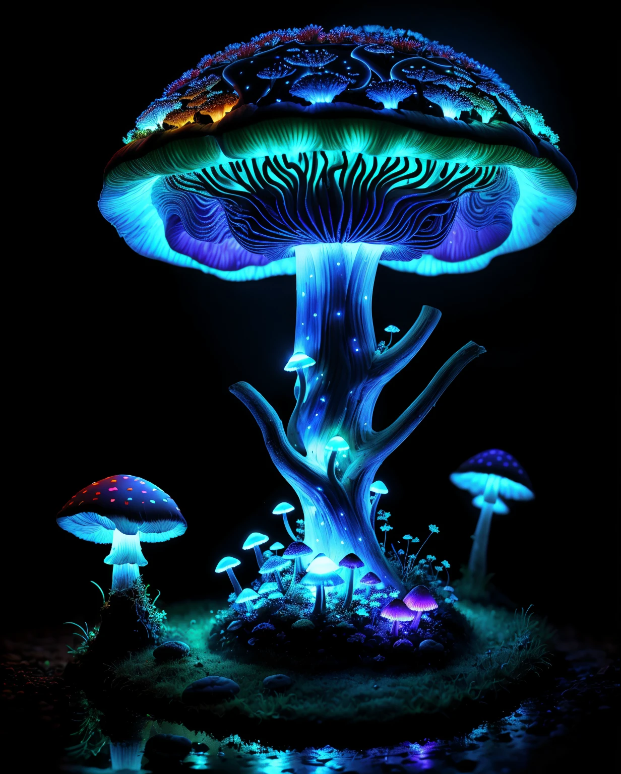 (absurdres, highres, ultra detailed), (Masterpiece),bioluminescent mushroom, 2 tomatoes