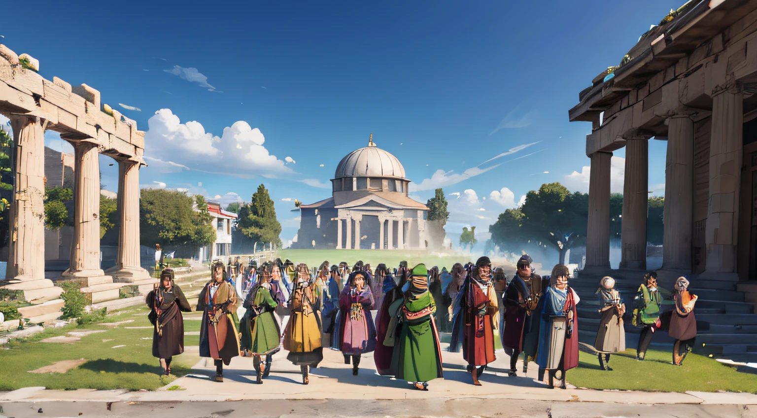 shrek bewteen some scholars, greek anciant men scholars, wearing anciant greek clothes, scholars surrounding shrek asking for knowledge, men. {{{no women}}}