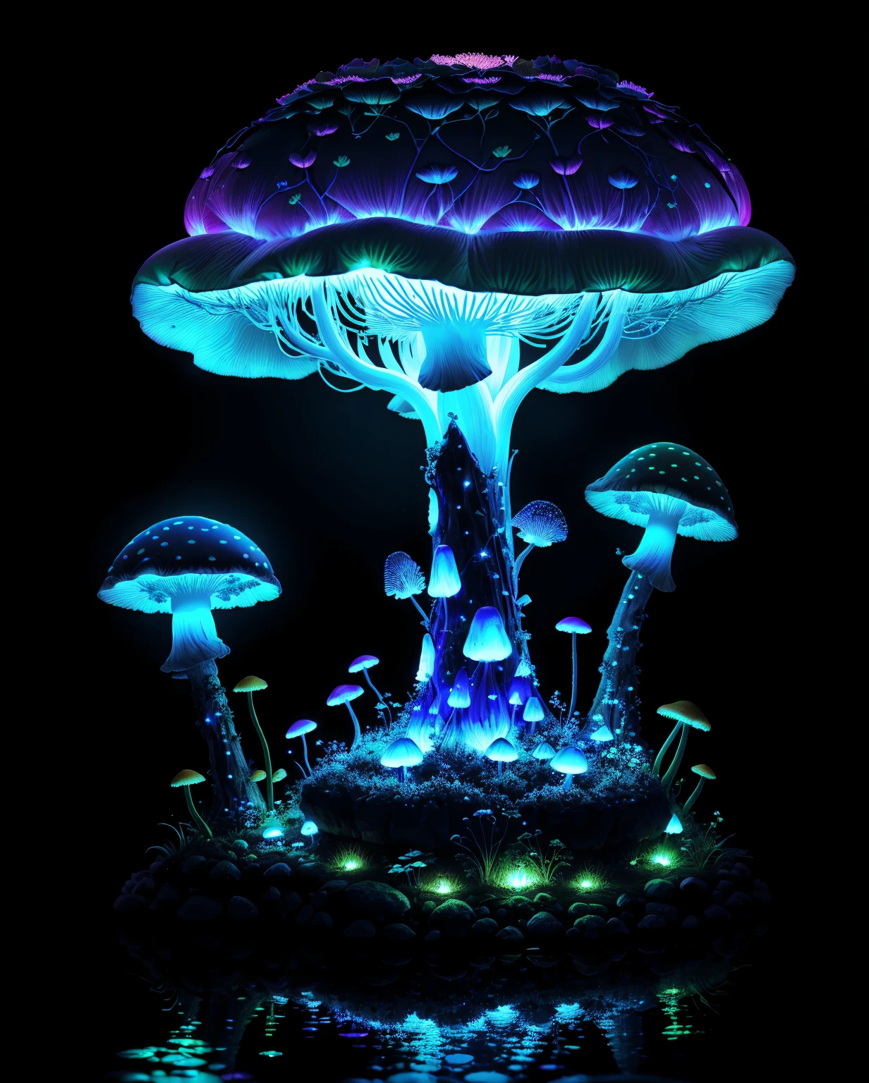 (absurdres, highres, ultra detailed), (Masterpiece),bioluminescent mushroom, 2 tomatoes