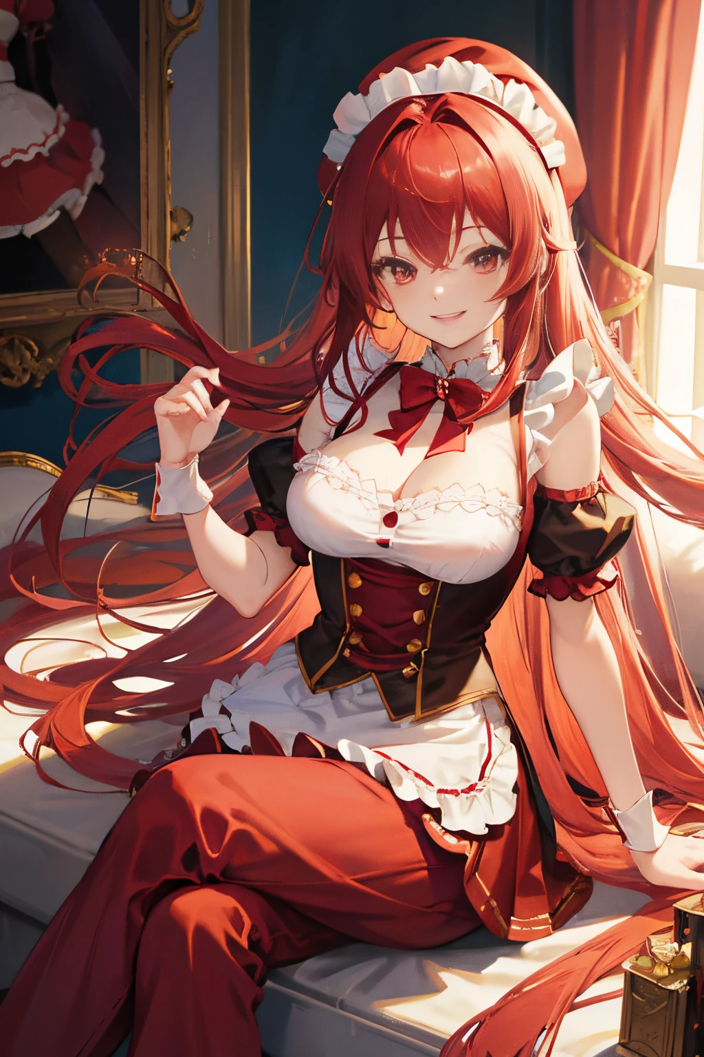 "anime girl, 1 person, bright red hair, shoulder length hair, dark red eyes, small hat, red hat with gold trim, maid, maid outfit, lolita,big breasts, pants stockings, crossed legs, smiling  smiling, solo, front view (full HD 4K+ photo)"