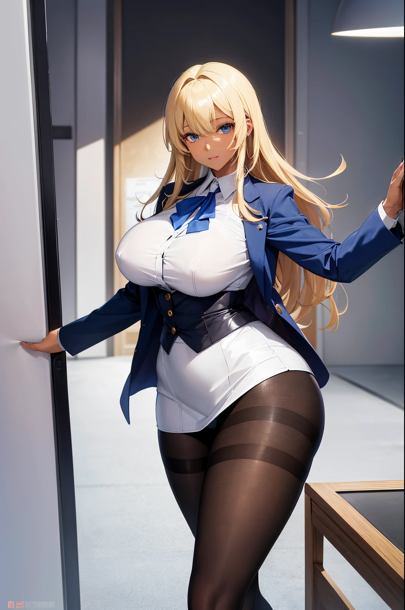 Female, hime cut Blonde hair, Blue eyes, dark brown skin, large breasts, wearing office lady uniform and tights.