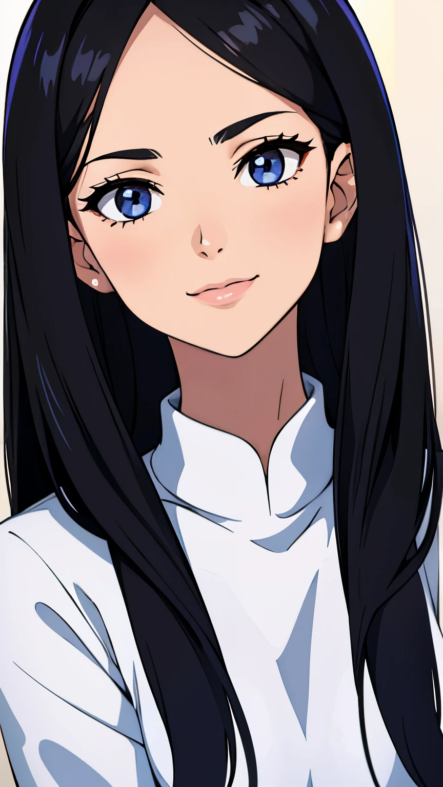 One girl with black hair, hair lenght until bust, straight hair, hair parted in center of head, round face. hairstyle with a center part, that the hair should be parted down the middle, creating a symmetrical look without any frontal hair covering the forehead. Looking straight, looking at viewer. Smiling. Solo, one girl. Looking straight, straight. Straight pose.