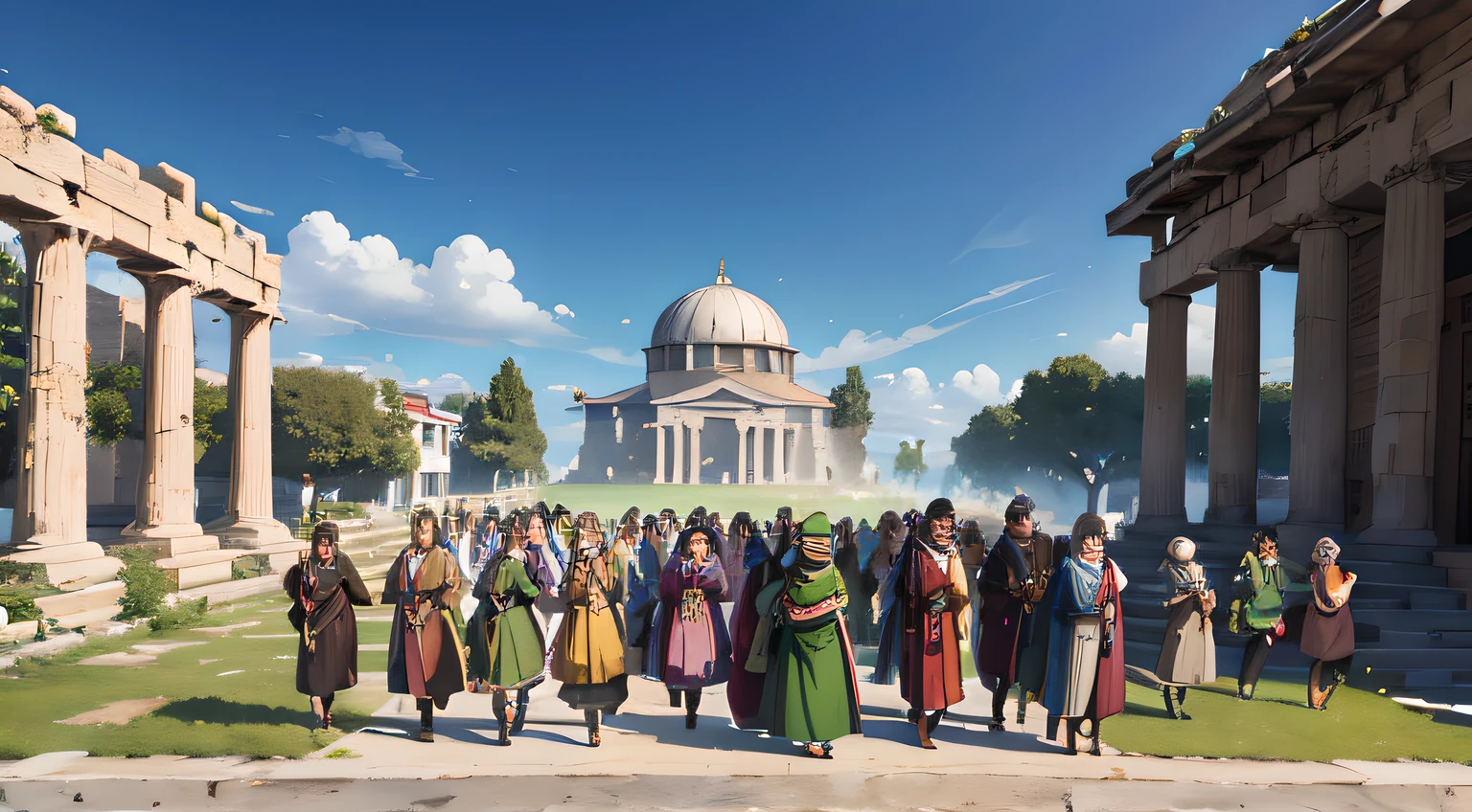 shrek bewteen some scholars, greek anciant men scholars, wearing anciant greek clothes, scholars surrounding shrek asking for knowledge, men. {{{no women}}}