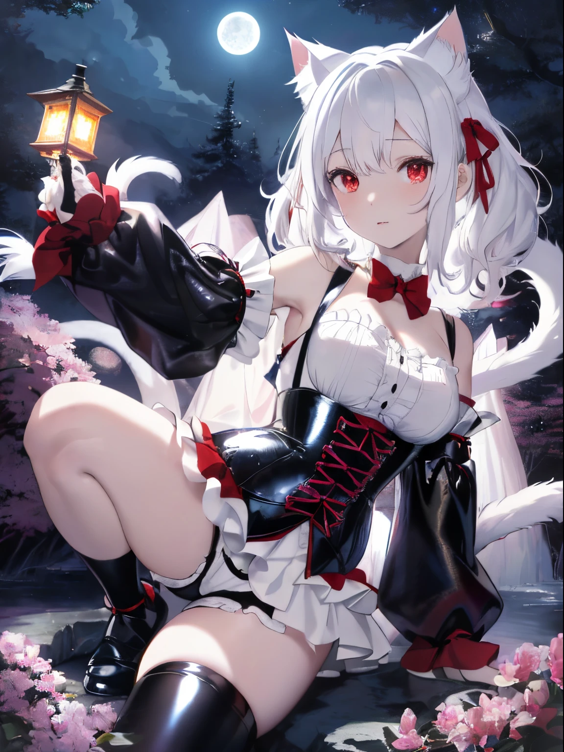 ((white  hair)),((Red Eyes)),((Shorthair)),((curly fluffy hair)),((Cat's ears)),(youkai),((Cat again)),((Cats&#39;The tail is divided into two parts.)),(tail),(Puff-sleeved long-sleeve clothes that show your shoulders),((Sheer tops)),(Striped clothes),((corsets)),(((black shiny leather shorts))),Leaning forward,(cute pose next to your face),Kamimei,(close up of face),A lantern that lights up a fantastic colorful light,(wonderland forest),((A moonlit night where pale white light falls)),