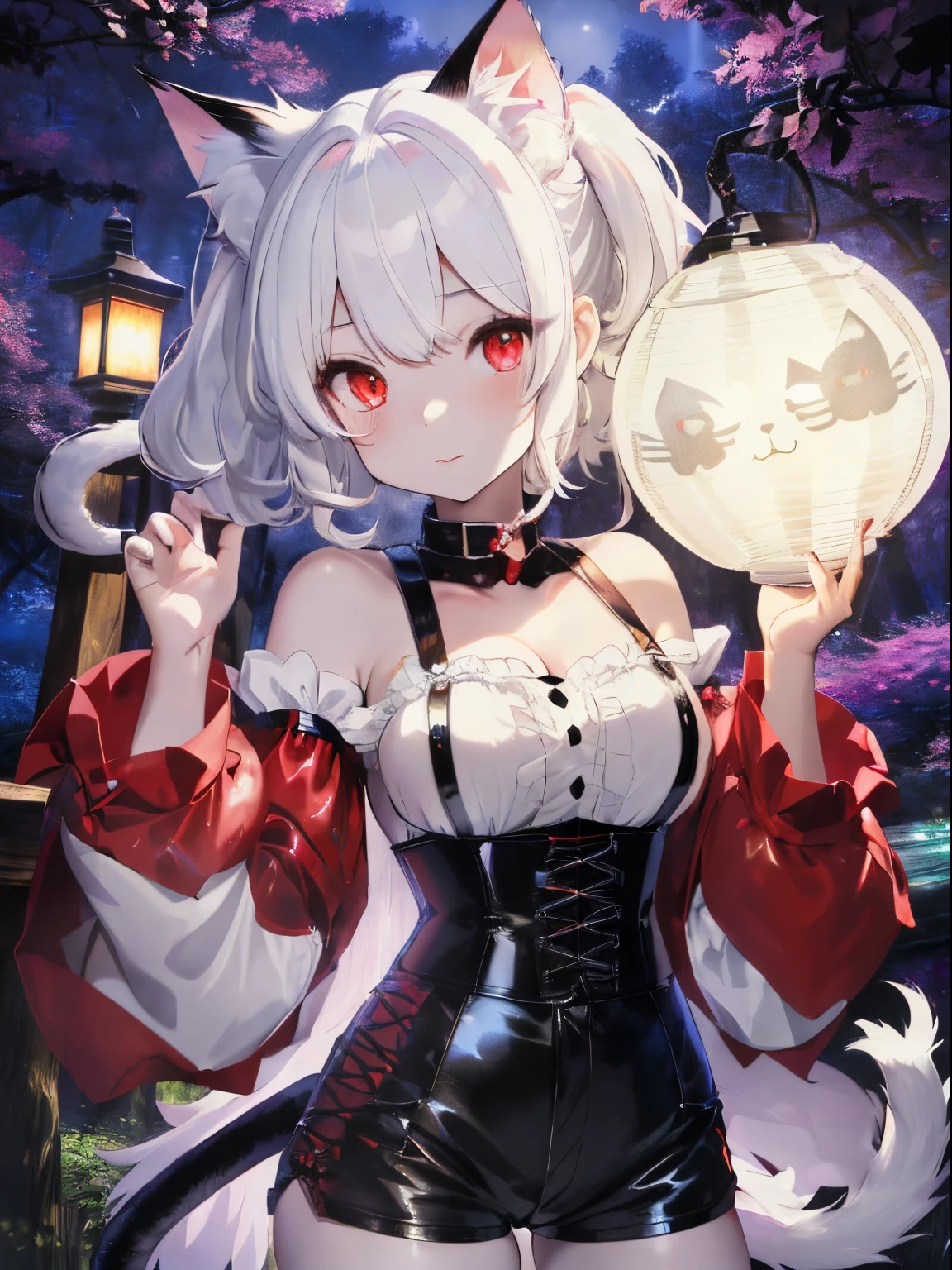 ((white  hair)),((Red Eyes)),((Shorthair)),((curly fluffy hair)),((Cat's ears)),(youkai),((Cat again)),((Cats&#39;The tail is divided into two parts.)),(tail),(Puff-sleeved long-sleeve clothes that show your shoulders),((Sheer tops)),(Striped clothes),((corsets)),(((black shiny leather shorts))),Leaning forward,(cute pose next to your face),Kamimei,(close up of face),A lantern that lights up a fantastic colorful light,(wonderland forest),((A moonlit night where pale white light falls)),