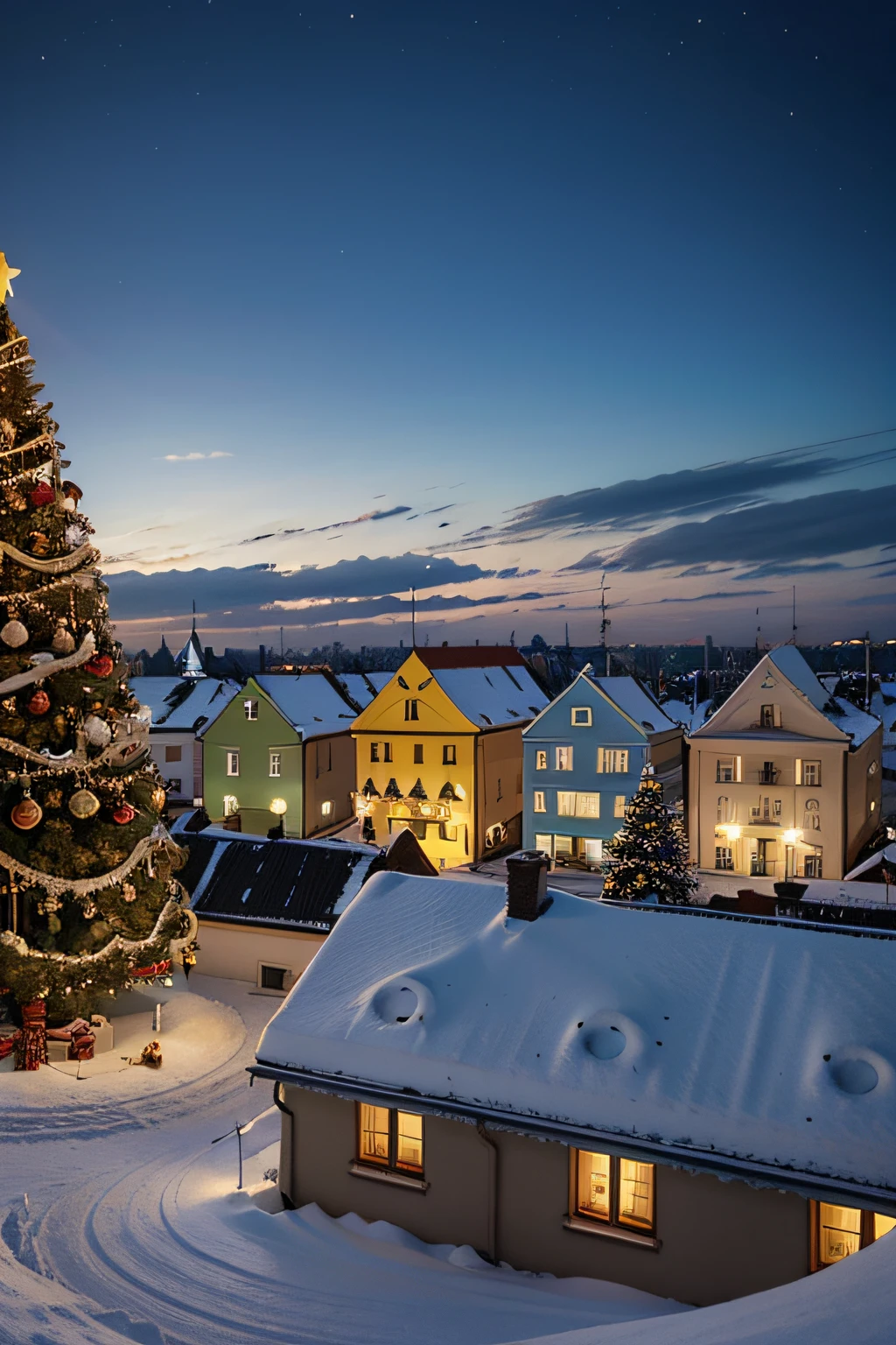Generate a picture from the bottom of which the roofs of houses in Vilnius will be placed, and in the middle of the houses there will be a Christmas tree, and from the top from the right corner of the image the Elа are looked up. This is a Christmas poster with blue and yellow colors