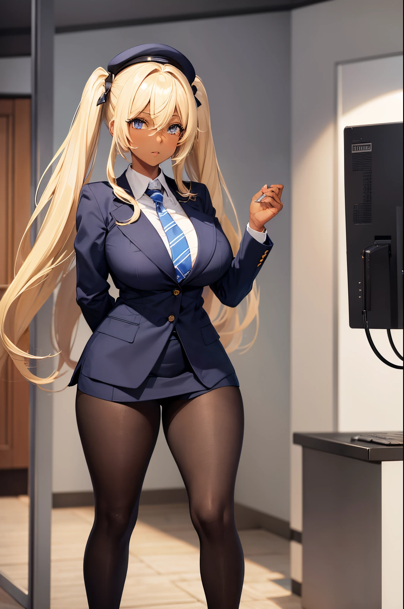 Female, hime cut Blonde hair, Blue eyes, dark brown skin, large breasts, wearing office lady uniform and tights.