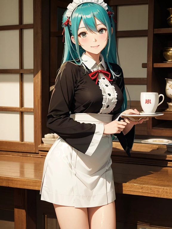 masutepiece, Best Quality, hight resolution,miku hatsune,10yaers old,(Hashikuji Temple Mayoi),Look at me and smile,((Meiji period~Showa era waitress)),(maid clothes),carry retro coffee cup,Beautiful breasts