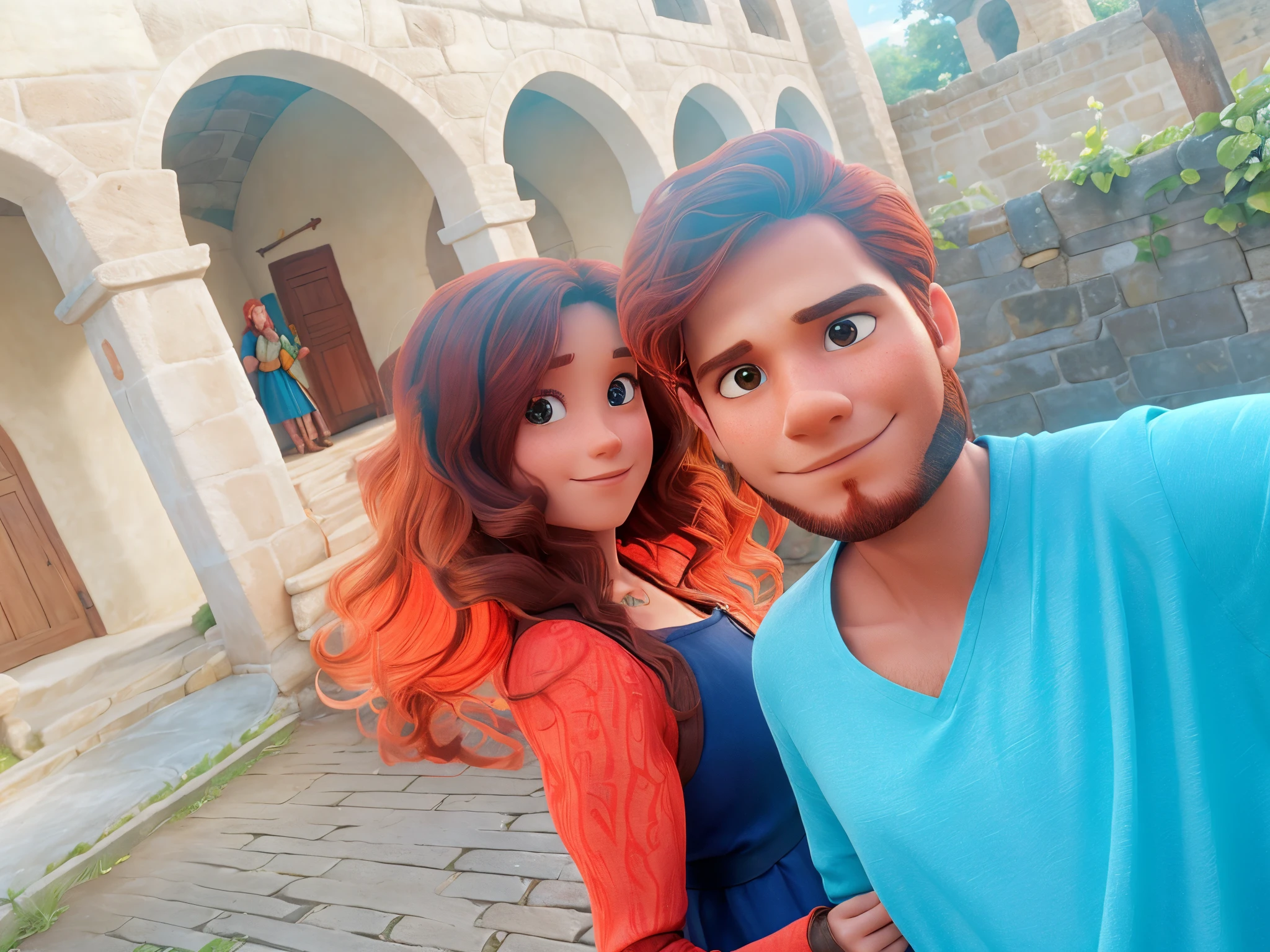 A light brown man and a red-haired woman dressed in medieval clothes posing for a painting, like a medieval fantasy character, in a garden