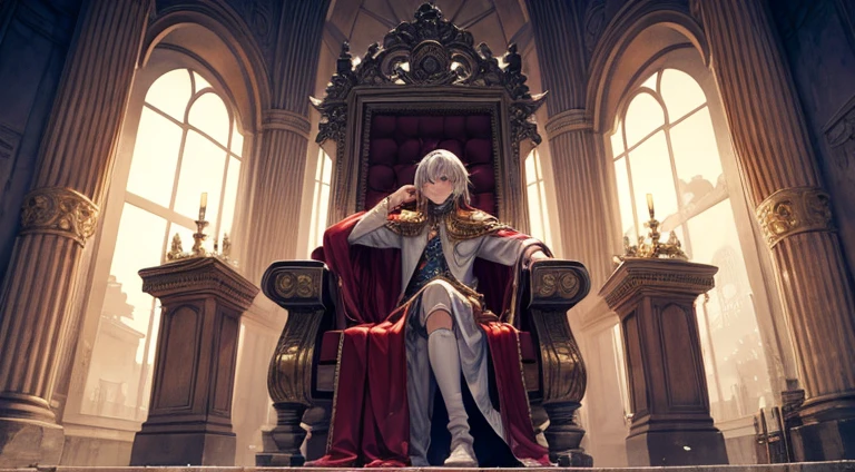 Um cabelo branco, Red-eyed prince sits on a majestic throne inside an abandoned palace. The environment around you is gloomy and gloomy, com rachaduras nas paredes e teias de aranha penduradas ali. The throne is ornate, com detalhes em ouro e pedras preciosas, and is covered by a dusty cloth. The protagonist is wearing real clothes, with a determined expression on his face, com olhos azuis vibrantes