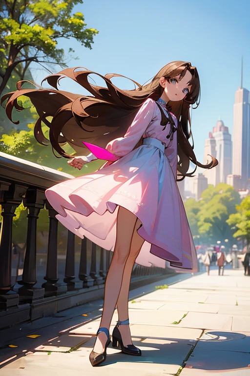 photo of alienica nile, y, long brown hair, blue eyes, pinkish white skin, beautiful girl perfact, european, full body portrait, central park.