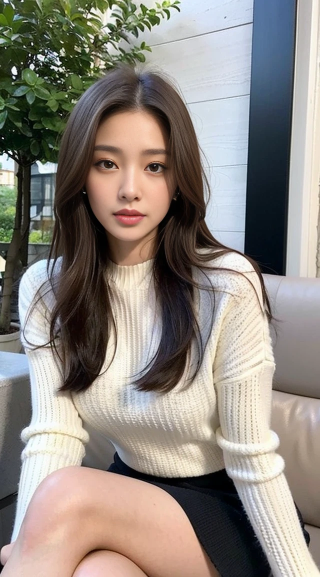 dark brown hair、Light brown eyes、The face of the Japan actress、adult lady、Looks like he's about 35 years old、(intricate-detail:1.2)、(top-quality:1.4)、 (超A high resolution:1.2)、超A high resolution、(A detailed eye)、(detailed facial features)、nffsw、8K resolution、moderately sized udder、she is wearing a warm white sweater or skirt.I'm wearing a skirt that doesn't show my knees、length hair、I am sitting comfortably on a sofa on the terrace of a cafe.、Relaxing、leaning against the backrest、