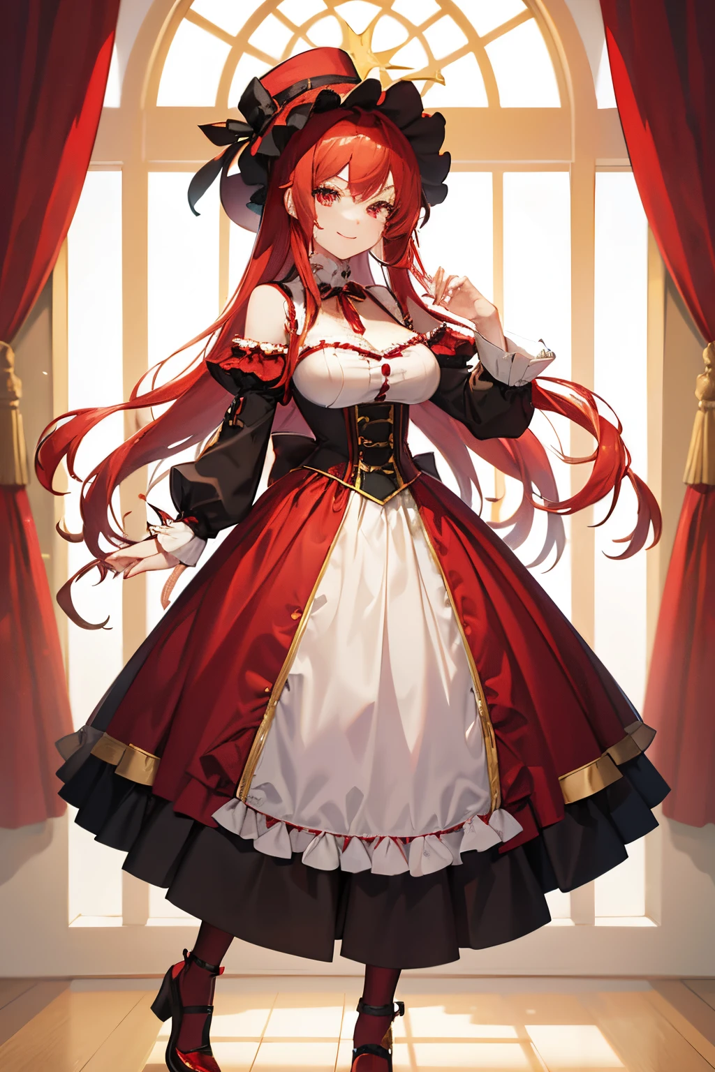 "anime girl, 1 person, bright red hair, shoulder length hair, dark red eyes, small hat, red hat with gold trim, maid, maid outfit, lolita,big breasts, pants stockings, crossed legs, smiling  smiling, solo, front view (full HD 4K+ photo)"