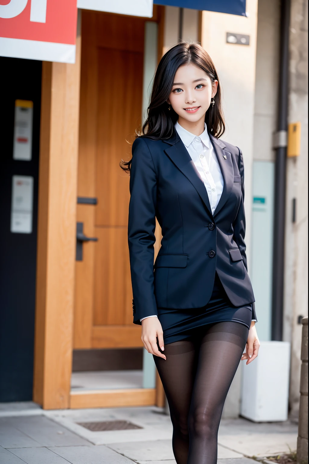 ulzzang -6500-v1.1, (Raw photo:1.2), (Photorealsitic), (Real:1.4), 1girl with、Very pretty girl、sixteen years old、game_nffsw, Ocean Blue Eyes(eye detailed), Smile of shame、(Strict business suit:1.3), Business Fashion、Skirt and thighs、walking down the street、high-heels、(Ultra-realistic pantyhose:1.2), Curly hair、realistic skin textures、shinny skin、Exposed thighs!!! , make - up、eye shadow、(Very affectionate smile:1.2)