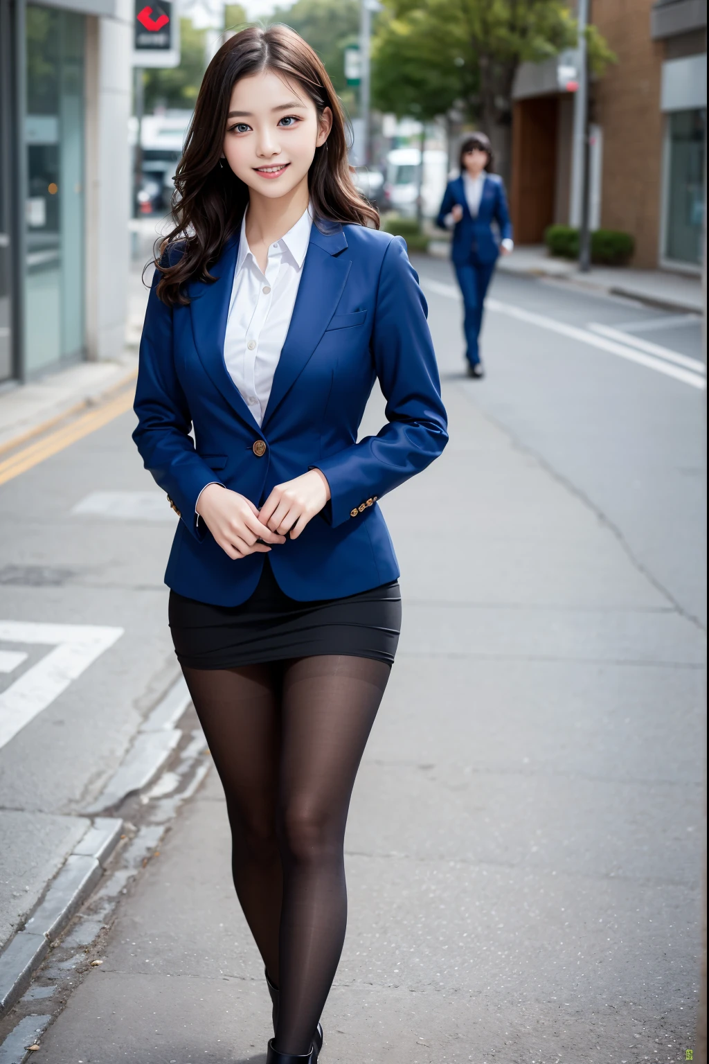 ulzzang -6500-v1.1, (Raw photo:1.2), (Photorealsitic), (Real:1.4), 1girl with、Very pretty girl、、game_nffsw, Ocean Blue Eyes(eye detailed), Smile of shame、(Strict business suit:1.3), Business Fashion、Skirt and thighs、walking down the street、high-heels、(Ultra-realistic pantyhose:1.2), Curly hair、realistic skin textures、shinny skin、Exposed thighs!!! , make - up、eye shadow、(Very affectionate smile:1.2)