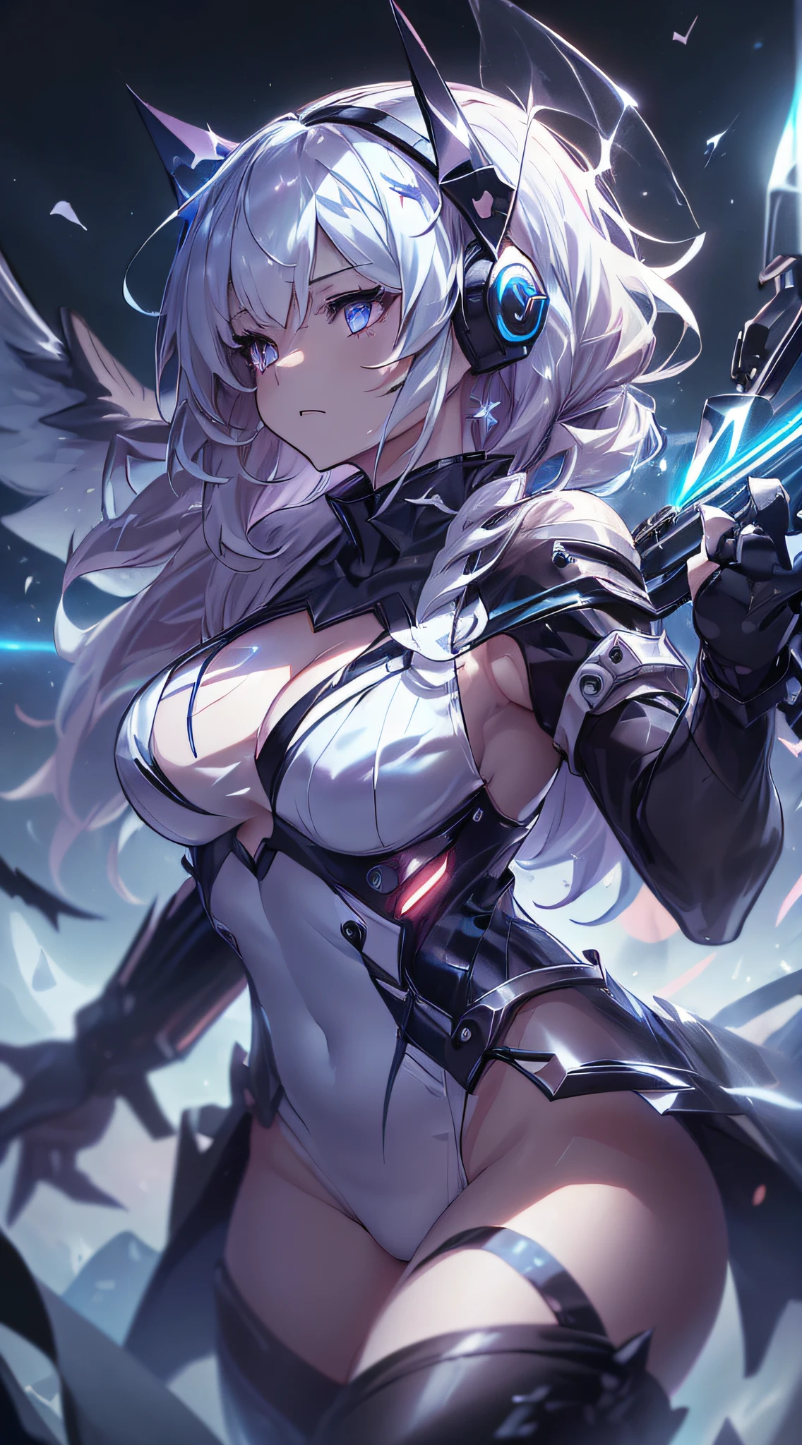 top-quality、Top image quality、​masterpiece、girl with((White suit、glowing mechanic suit、18year old、r、cute little、Best Bust、big bast,Beautiful shining purple eyes、Breasts wide open, a blond、Longhaire、A slender,Large valleys、belligerent movements,sharp claws、With sniper rifle、head phone、black bright wings、fighting poses、being filmed、splatters、Feeling of sprinting)),hiquality、Beautiful Art、Background with((Space Battlefield)))、Depth(planet earth）,masutepiece、depth of fields,Cinematic style