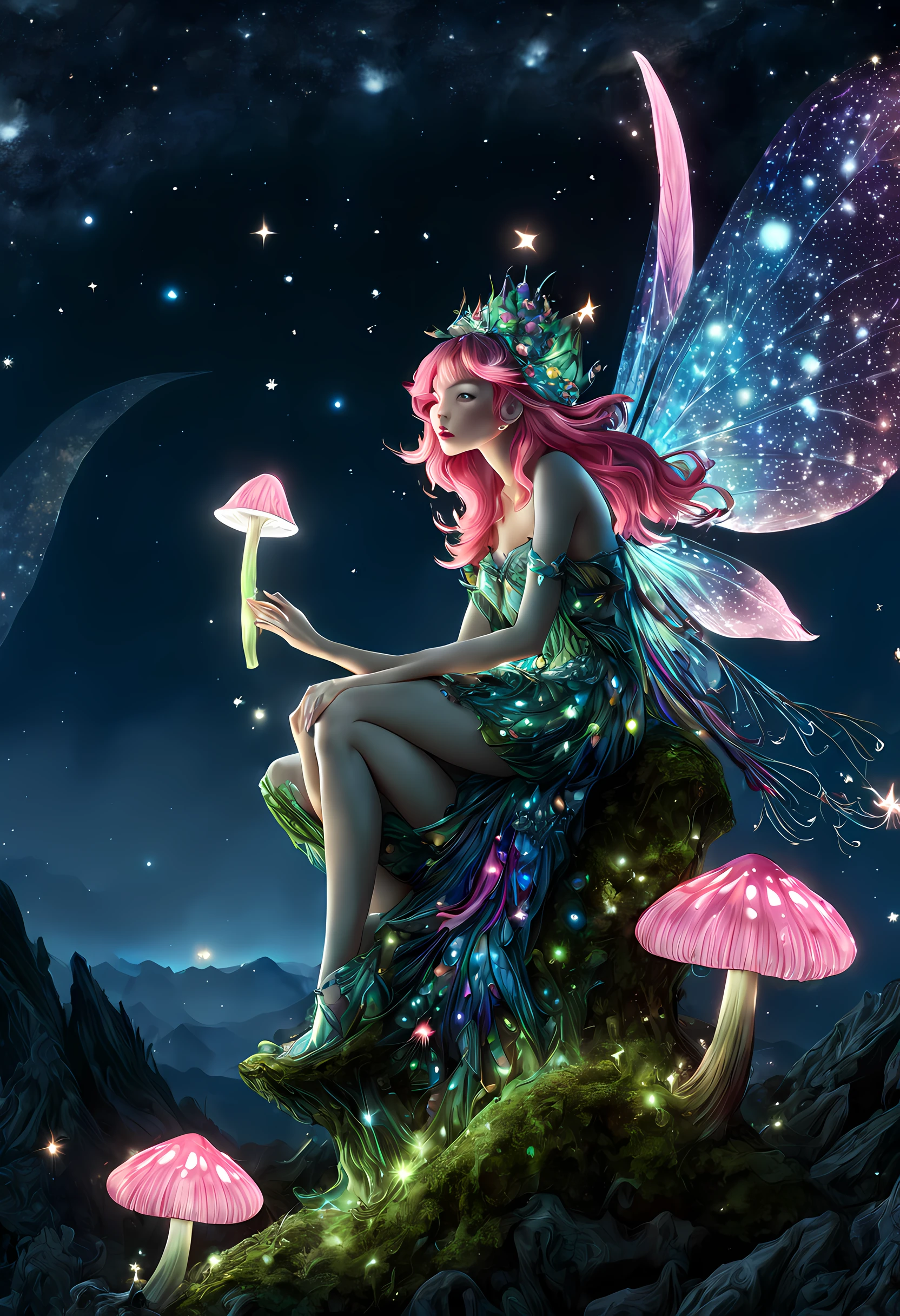 aa picture of an exquisite beautiful female fairy sitting on a (Bioluminescent Mushroom: 1.4) under the starry night sky at the forest, dynamic angle (ultra detailed, Masterpiece, best quality), ultra detailed face (ultra detailed, Masterpiece, best quality), ultra feminine, fare skin, (pink hair: 1.2), wavy hair, dynamic eyes color, glowing eyes, intense eyes, red lips, wearing white dress, elegant silk dress (ultra detailed, Masterpiece, best quality),  fairy wings DonMF41ryW1ng5XL (ultra detailed, Masterpiece, best quality), wearing high heeled boots, phosphorous glowing colouredglazecd_xl (Bioluminescent Mushroom: 1.3), with vibrant green shade, vibrant blue shade, glowing particle sky full of stars background, moon, beat details, best quality, 8k, [ultra detailed], masterpiece, best quality, (ultra detailed), full body, ultra wide shot, photorealism, fantasy art,