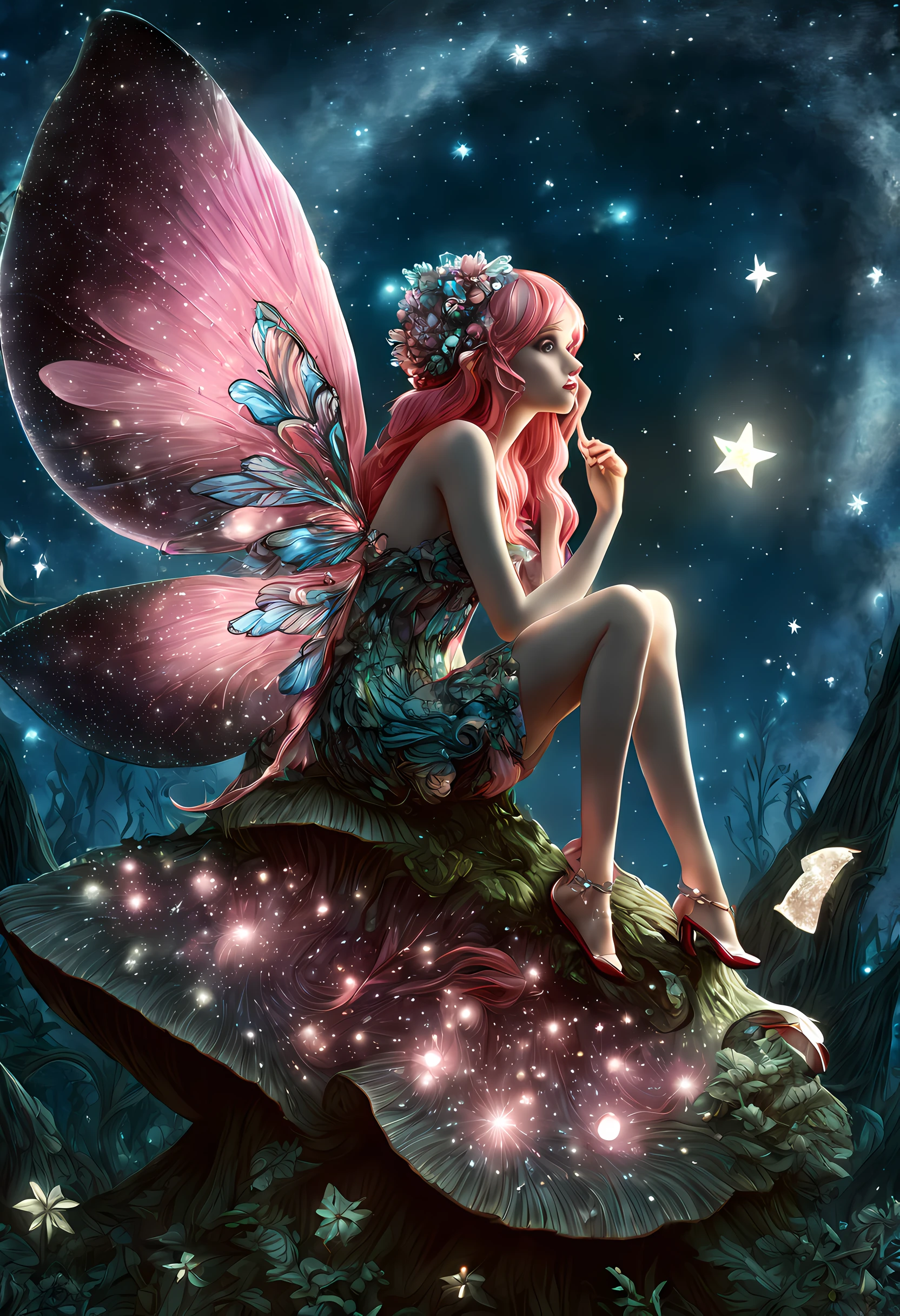 aa picture of an exquisite beautiful female fairy sitting on a (Bioluminescent Mushroom: 1.4) under the starry night sky at the forest, dynamic angle (ultra detailed, Masterpiece, best quality), ultra detailed face (ultra detailed, Masterpiece, best quality), ultra feminine, fare skin, (pink hair: 1.2), wavy hair, dynamic eyes color, glowing eyes, intense eyes, red lips, wearing white dress, elegant silk dress (ultra detailed, Masterpiece, best quality),  fairy wings DonMF41ryW1ng5XL (ultra detailed, Masterpiece, best quality), wearing high heeled boots, phosphorous glowing colouredglazecd_xl (Bioluminescent Mushroom: 1.3), with vibrant green shade, vibrant blue shade, glowing particle sky full of stars background, moon, beat details, best quality, 8k, [ultra detailed], masterpiece, best quality, (ultra detailed), full body, ultra wide shot, photorealism, fantasy art,