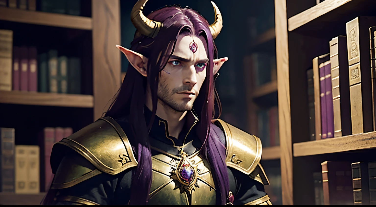 1 adult male half-elf, long maroon hair, warlock, (Horns: 1.2) from forehead sweeping up and back, sickly grey skin, branded scars on skin, purple eyes with sickly green glow, gaunt cheeks, sad eyes, dark bags under eyes, Ancient Library, bokeh, night, Wearing Scale-plate armour, holy symbol around neck gold-plated large ruby in centre, Spear in left hand, looking towards a scroll on a shelf, orange glow coming from character.