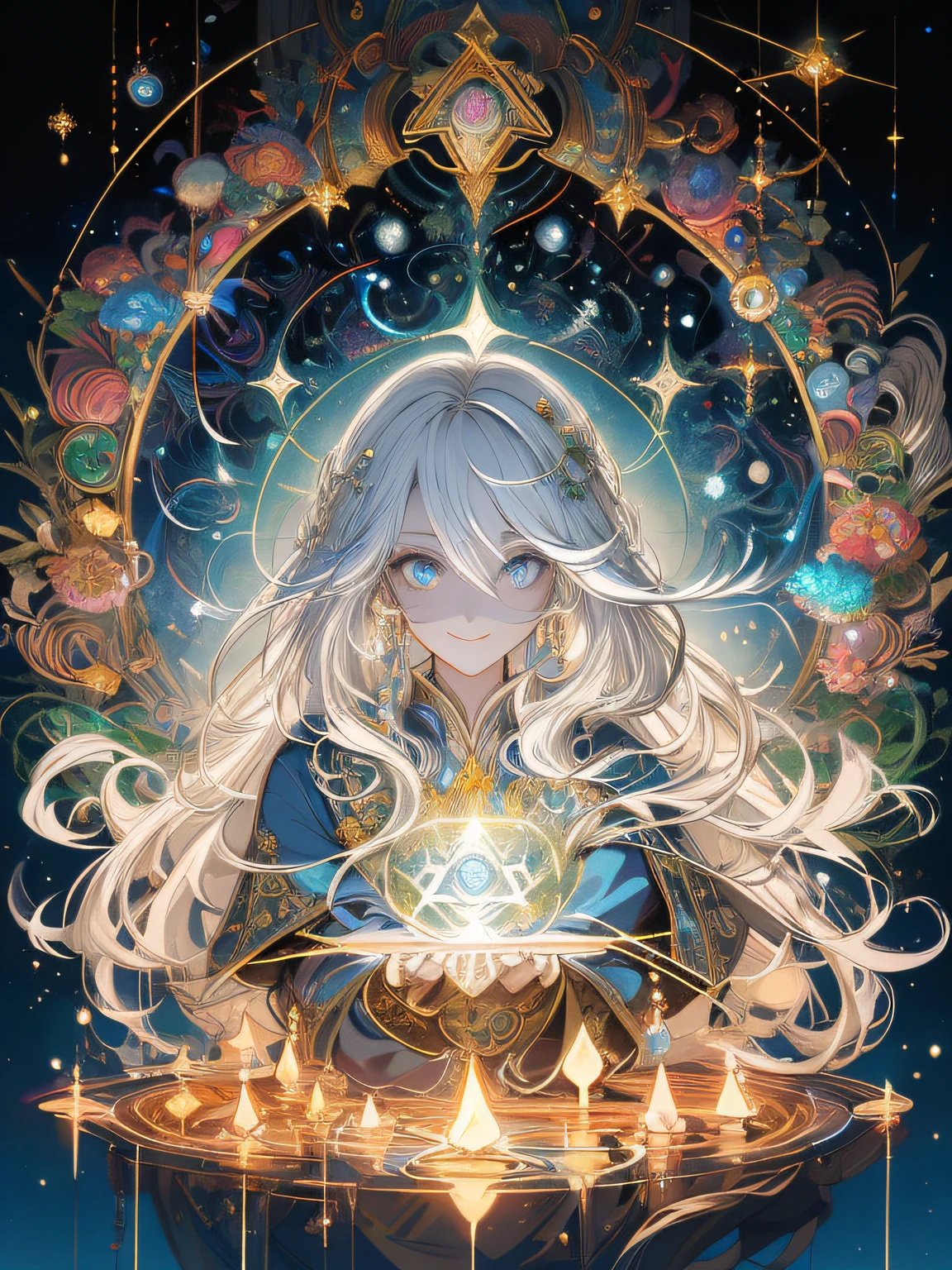​masterpiece: 1.7, top-quality、(Highly detailed CG、ultra-detailliert、Best Shadow:1.3)、独奏、Painterly、sketch、Paper texture、超A high resolution、extra detailed face、Highly detailed eyes、flat-colors、limited pallete、highcontrast、realisitic、The best lighting、goddes、Graceful、Leprechaun、a matural female、Beautuful Women、Jewel Eyes、White hair、Straight hair、blue gemstone、a little bit smile、blanche:1.5、(Zentangle、a Mandala、Tangle、Entangle:1)、beast of light on the background、summoner、Sacred Beast、wolves