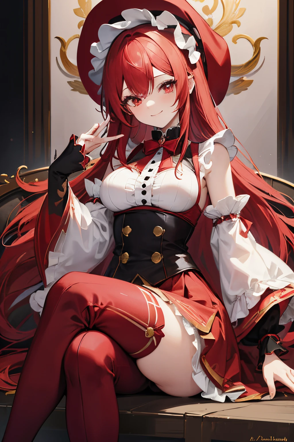 a sexy red haired warrior girl, sitting on a fur covered throne, red face, anime style, semi-naked, sexy pose, spread leg, lying, (spread --auto --s2