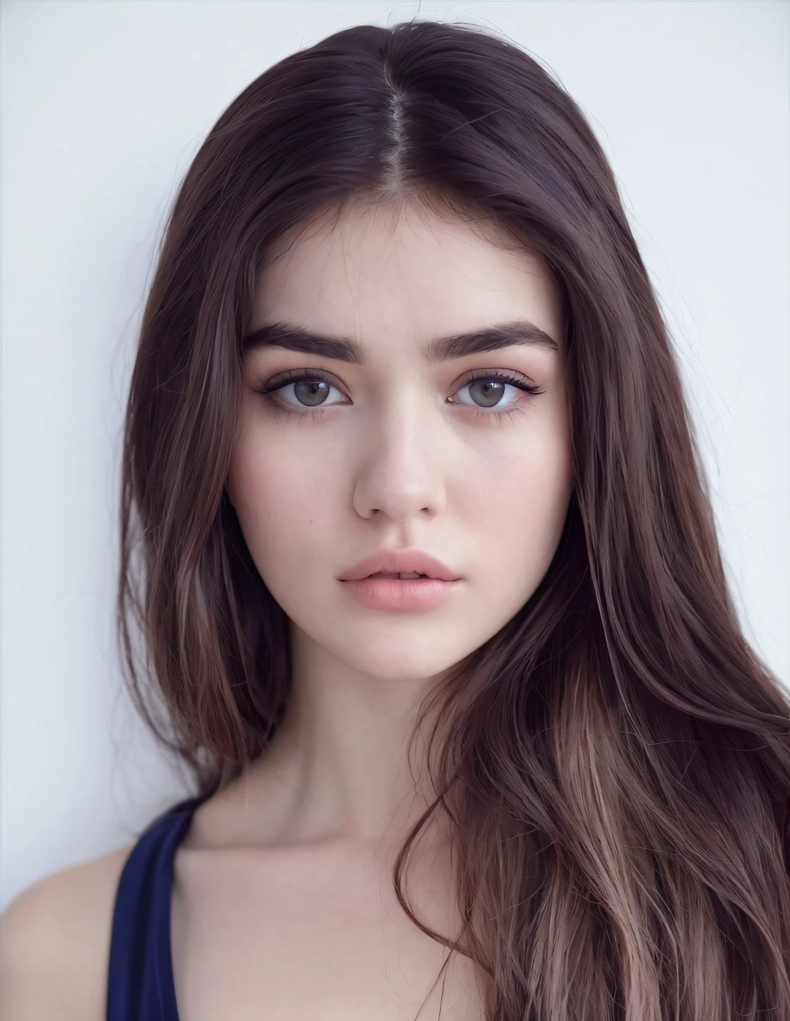a close up of a woman with long hair and a blue dress, very pretty model, extremely beautiful face, natural straight eyebrows, thick bushy straight eyebrows, beautiful young girl, beautiful girl model, she looks like a mix of grimes, beautiful model, looks a blend of grimes, brown hair and large eyes, very beautiful girl, attractive female face!!!, perfect face )