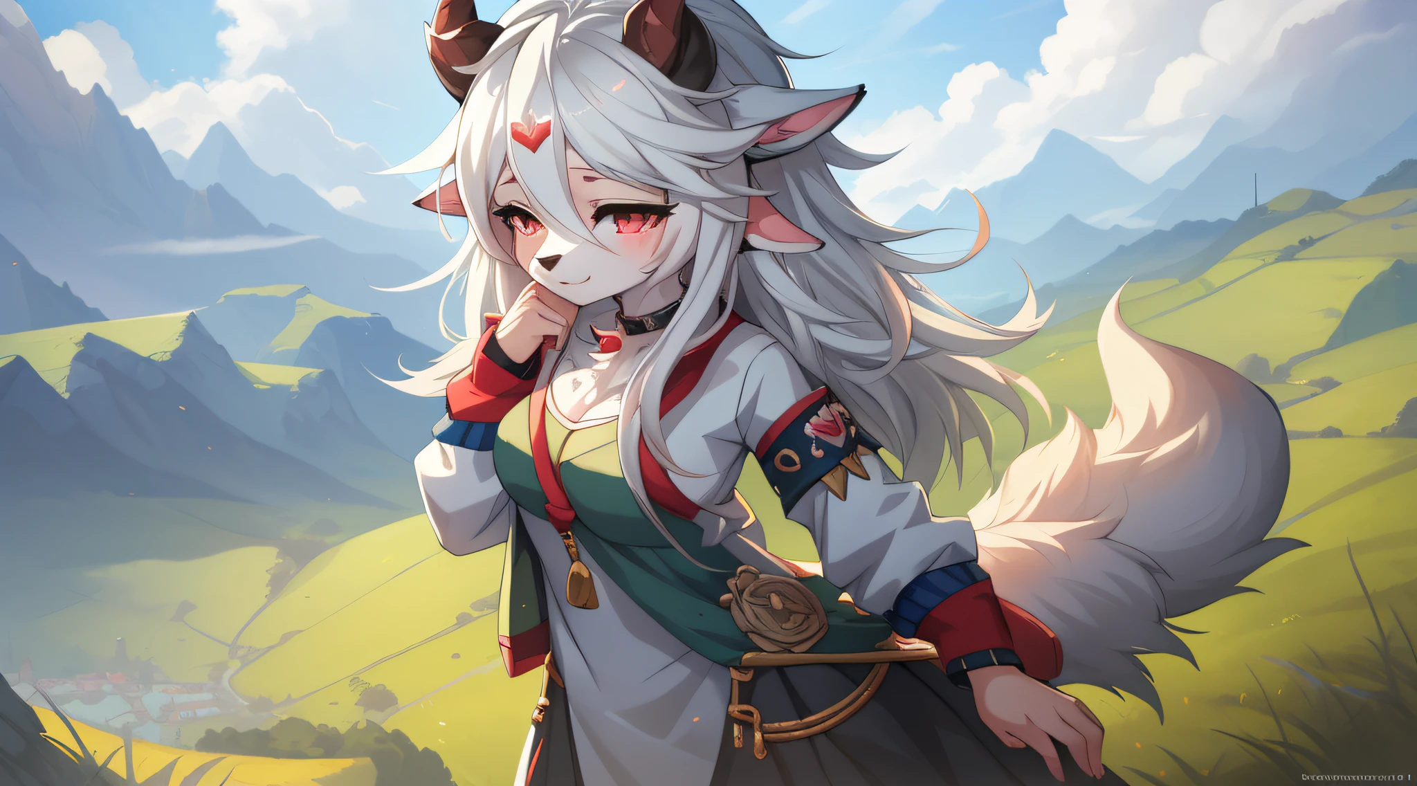 Anime style image of woman with goat head and horns, Popular topics on artstation pixiv, female anthropomorphic wolf, Fan Art Best Art Station, detailed digital anime art, Cute and detailed digital art, Female furry mini cute style, portrait of a hyena girl, White-haired fox, anthro art, guweiz on pixiv artstation