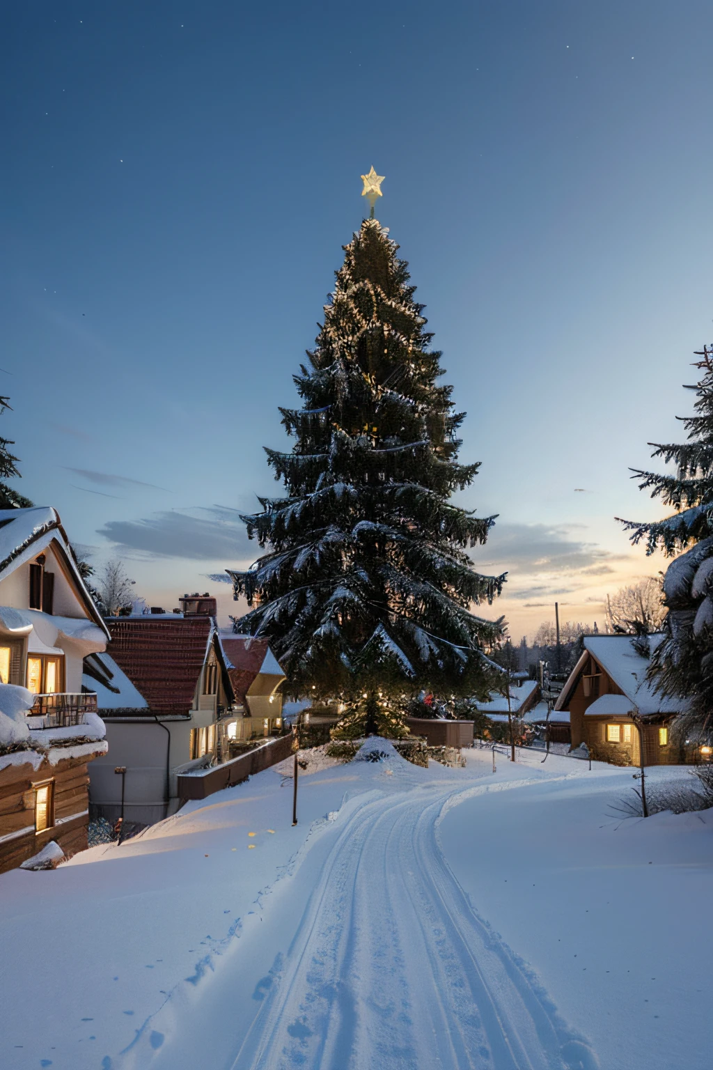 Generate a picture 1080*1920 gorizontal from the bottom of which the roofs of houses in Vilnius will be placed, and in the middle of the houses there will be a Christmas tree, and from the top from the right corner of the image the Elа are looked up. This is a Christmas poster with blue and yellow colors