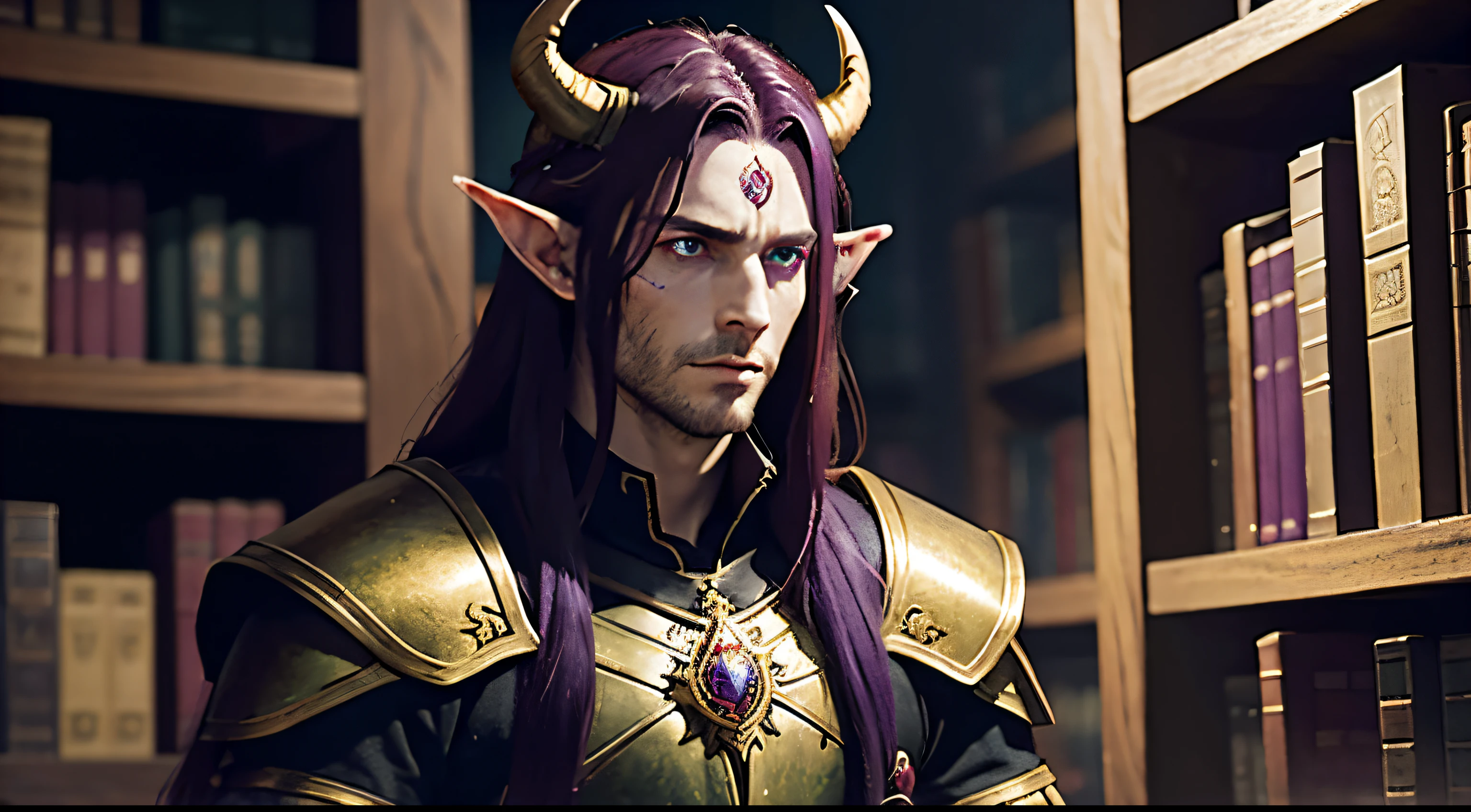 1 adult male half-elf, long maroon hair, warlock, (Horns: 1.2) from forehead sweeping up and back, sickly grey skin, branded scars on skin, purple eyes with sickly green glow, gaunt cheeks, sad eyes, dark bags under eyes, Ancient Library, bokeh, night, Wearing Scale-plate armour, holy symbol around neck gold-plated large ruby in centre, Spear in left hand, looking towards a scroll on a shelf, orange glow coming from character.