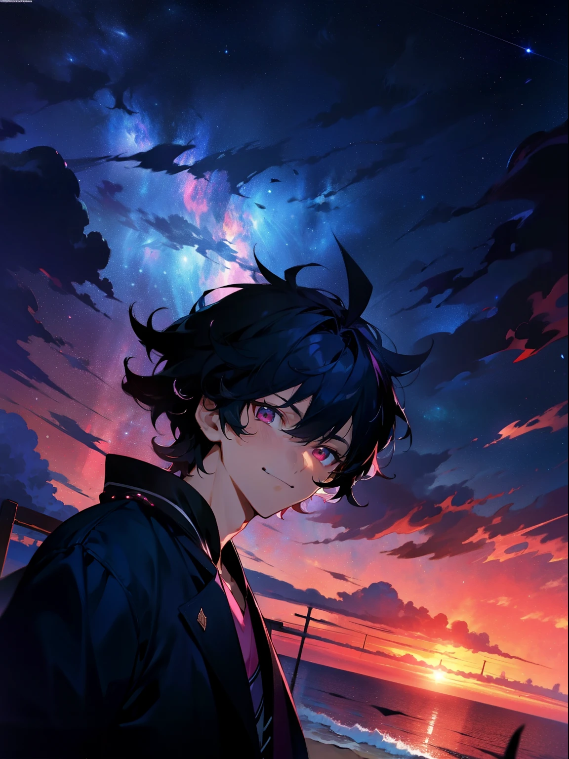 1 male, Male character in his 20s, Subrealismo, nffsw, Dynamic Angle, medium shot, Best Quality, official artwork, key visual, Detailed background, Beach background, Starry sky, Night, Intense angle, shaft configuration, collateral, Looking at Viewer, Dark blue hair, Medium Hair, Messy hair for men, Bundled hair, Pink eyes, endured face, White open shirt, Smile, smirking mischievously, Watching the viewer, radiant eyes