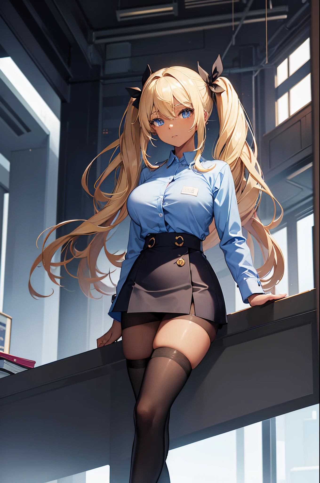 Female, hime cut Blonde hair, Blue eyes, dark brown skin, large breasts, wearing office lady uniform and tights.