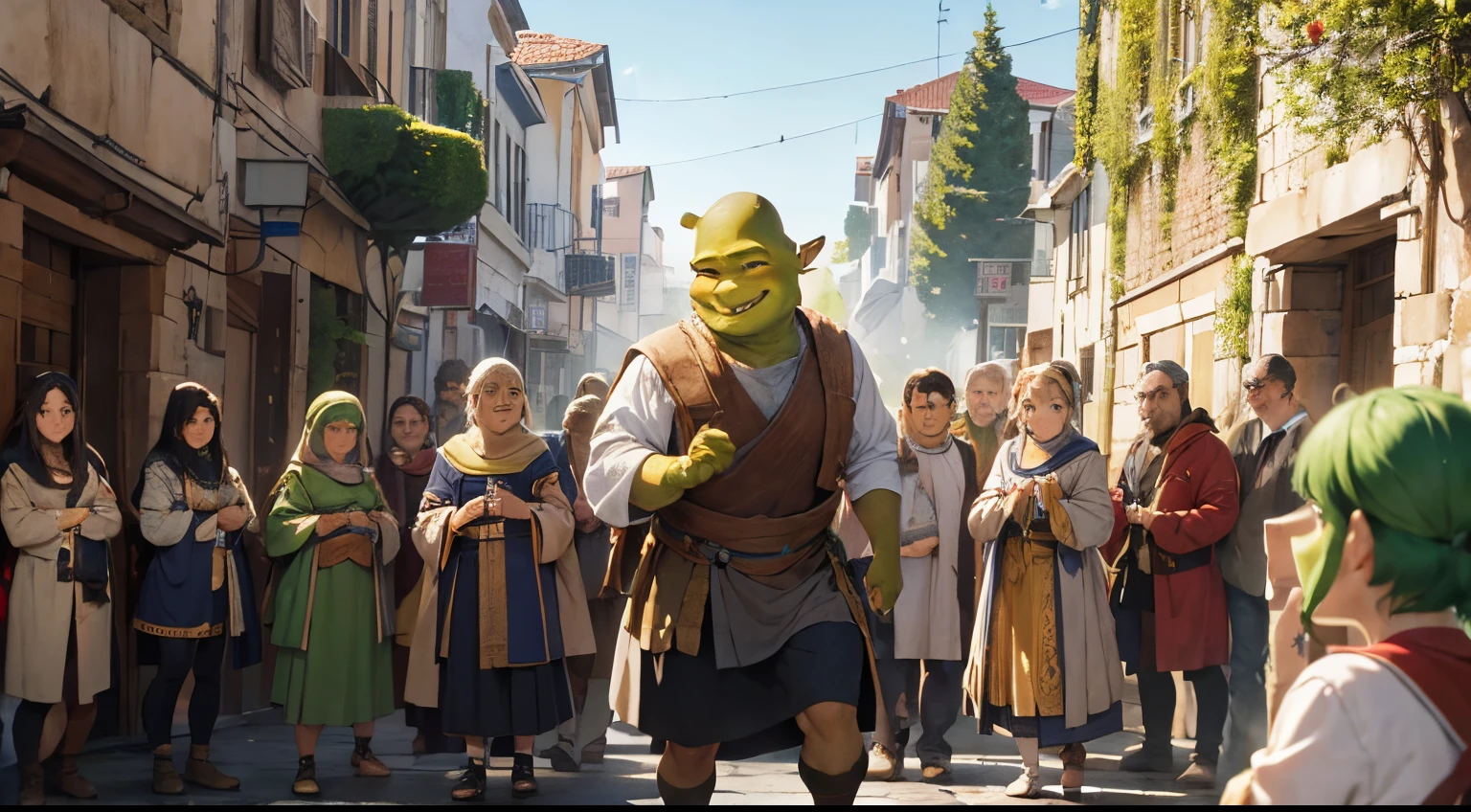 shrek bewteen some scholars, greek anciant men scholars, wearing anciant greek clothes, scholars surrounding shrek asking for knowledge, men. {{{no women}}}