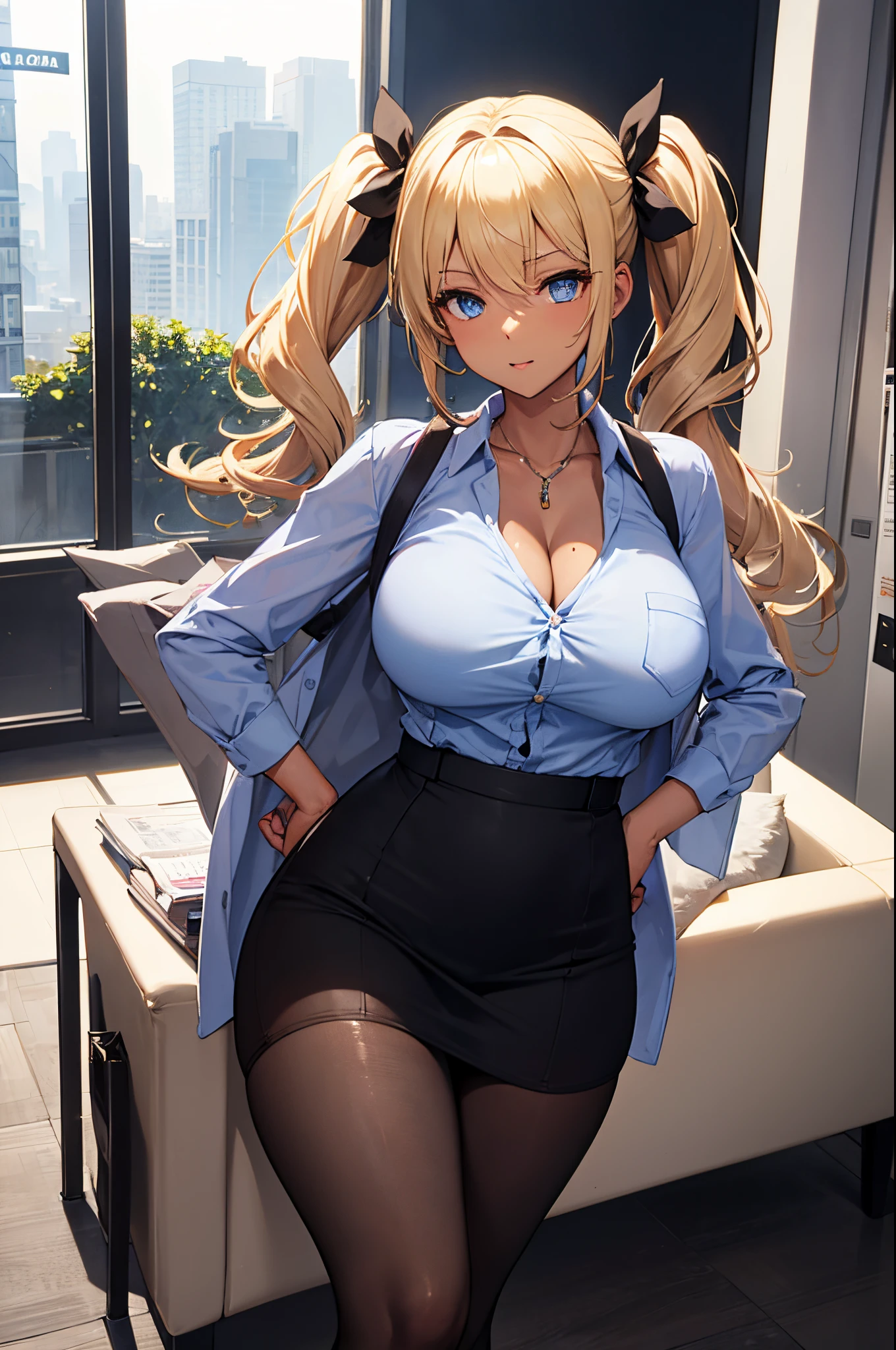 Female, twintails Blonde hair, Blue eyes, dark brown skin, large breasts, wearing office lady uniform and tights.