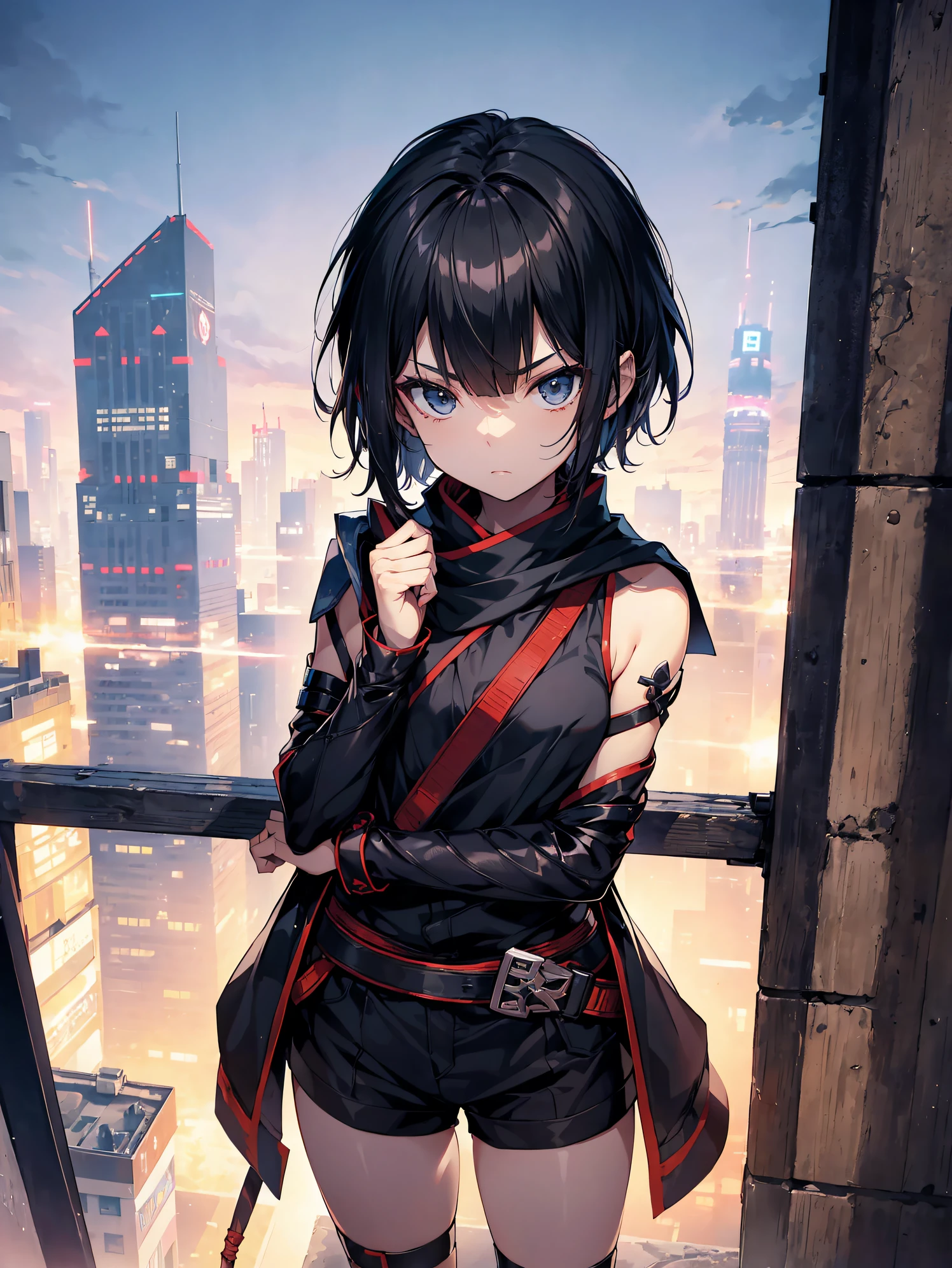 What is a ninja?、... It's cool and... quick.!Best ninja quality, anime moe art style,Best Anime 8K Konachan Wallpapers,Badass Anime 8K,Perfect Anatomy, (Please draw a picture of a ninja girl looking down on the city from the rooftop..)From diagonally above,overhead angle,BREAK, 1 The girl is a ninja, (Solo,Lori,,13yea:1.3), Androgynous attraction, (Very short hair, Blunt bangs), Full limbs, complete fingers,flat chest, Small butt, groin, Finely detailed 8K beautiful black eyes,
(Sleeveless half jacket),bare shoulders and forearms,No jacket,Obi,Short shorts, Ninja scarf fluttering in the wind, standing on the roof of a skyscrapper. BREAK, i have a mission.。Sasasasa...。Ultra-detailed,High resolution,super detailed skin, Professional Lighting, Illustration,