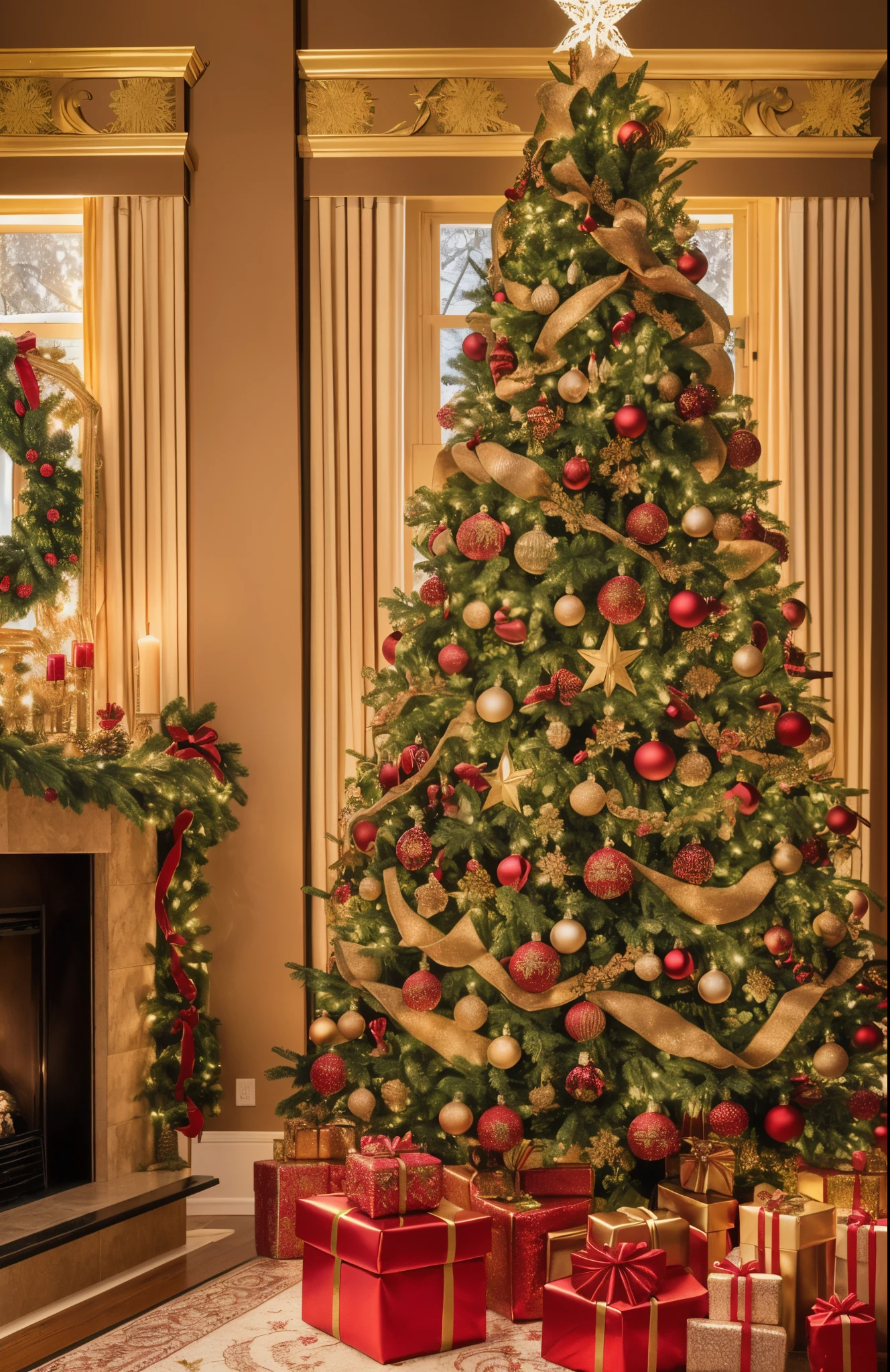 "An intricately detailed image of a Christmas scene by [Artista], featuring a festively decorated room. A brilliantly adorned tree with sparkling lights and colorful ornaments takes center stage. Meticulously wrapped presents align under the tree. The room is bathed in a soft golden light, reflecting a warm and cozy atmosphere. Through decorated windows, snowflakes gently dance, adding a touch of magic to the festive scene."   a Style Med" --auto --s2