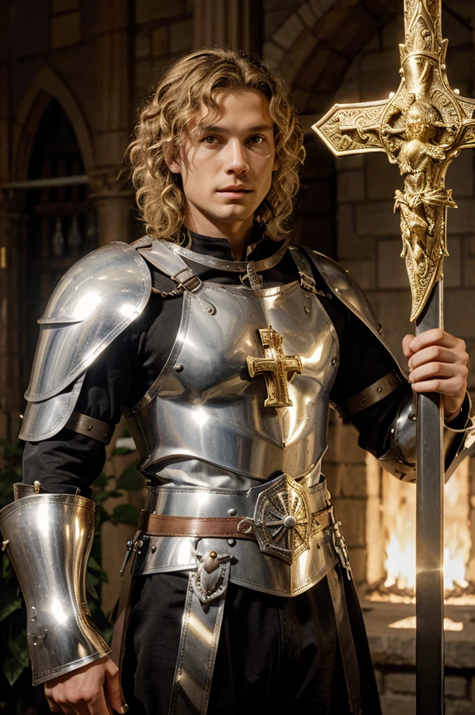 Silver harness of curly-haired blond holy knight with a golden cross on his breastplate brandishing a cruciform sword