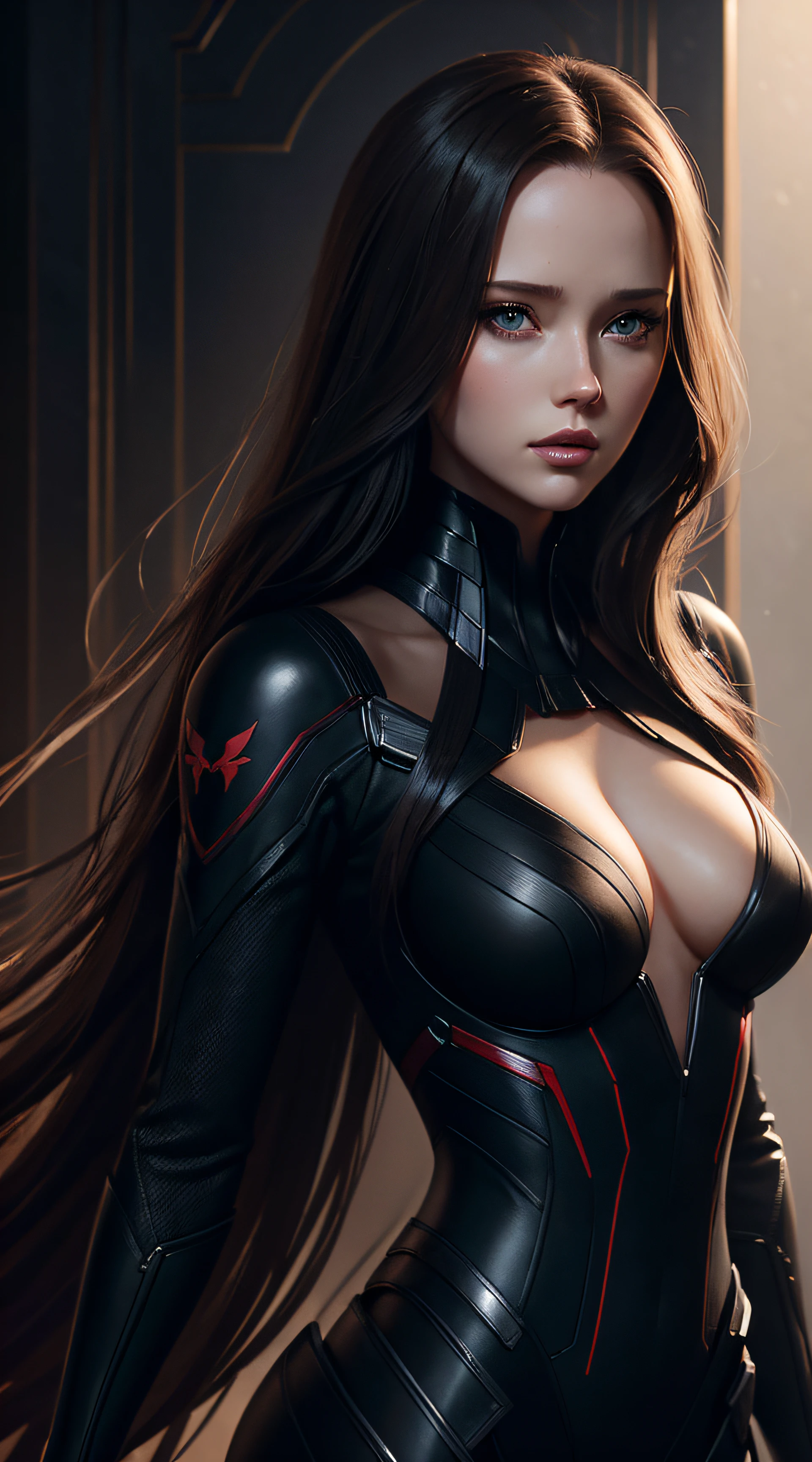 Merritt Patterson, black widow sexy clothes, character portrait, 5 9 9 0 s, long hair, intricate, elegant, highly detailed, digital painting, artstation, concept art, smooth, sharp focus, illustration, art by wlop, charlie bowater and alexandra fomina