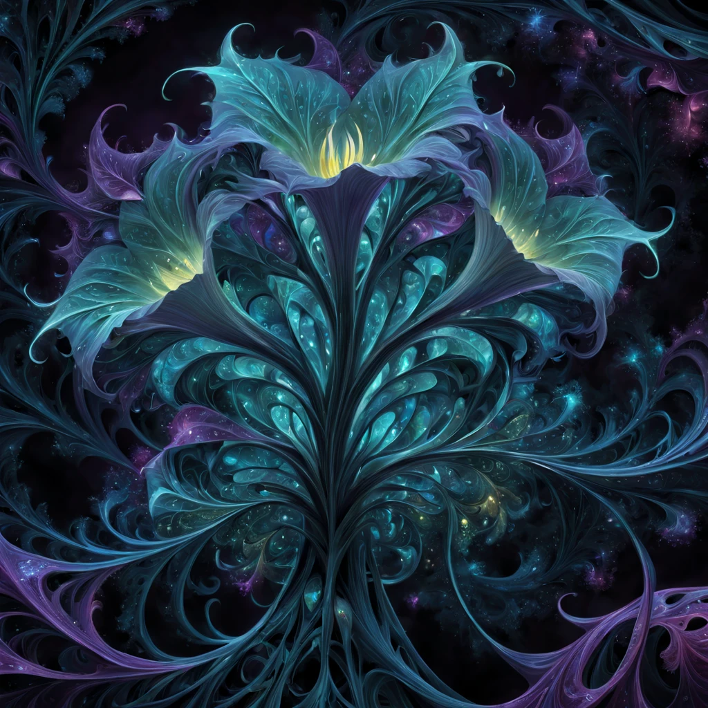offcial art, Unity8k wallpapers, ultra - detailed, Beautiful and beautiful, tmasterpiece, Best quality at best, (Tangled, datura, dispute, wring), (s fractal art:1.3) , Bioluminescent Mushroom Chaos in its most beautiful form, Fauvist design, vivd colour, romanticism lain,